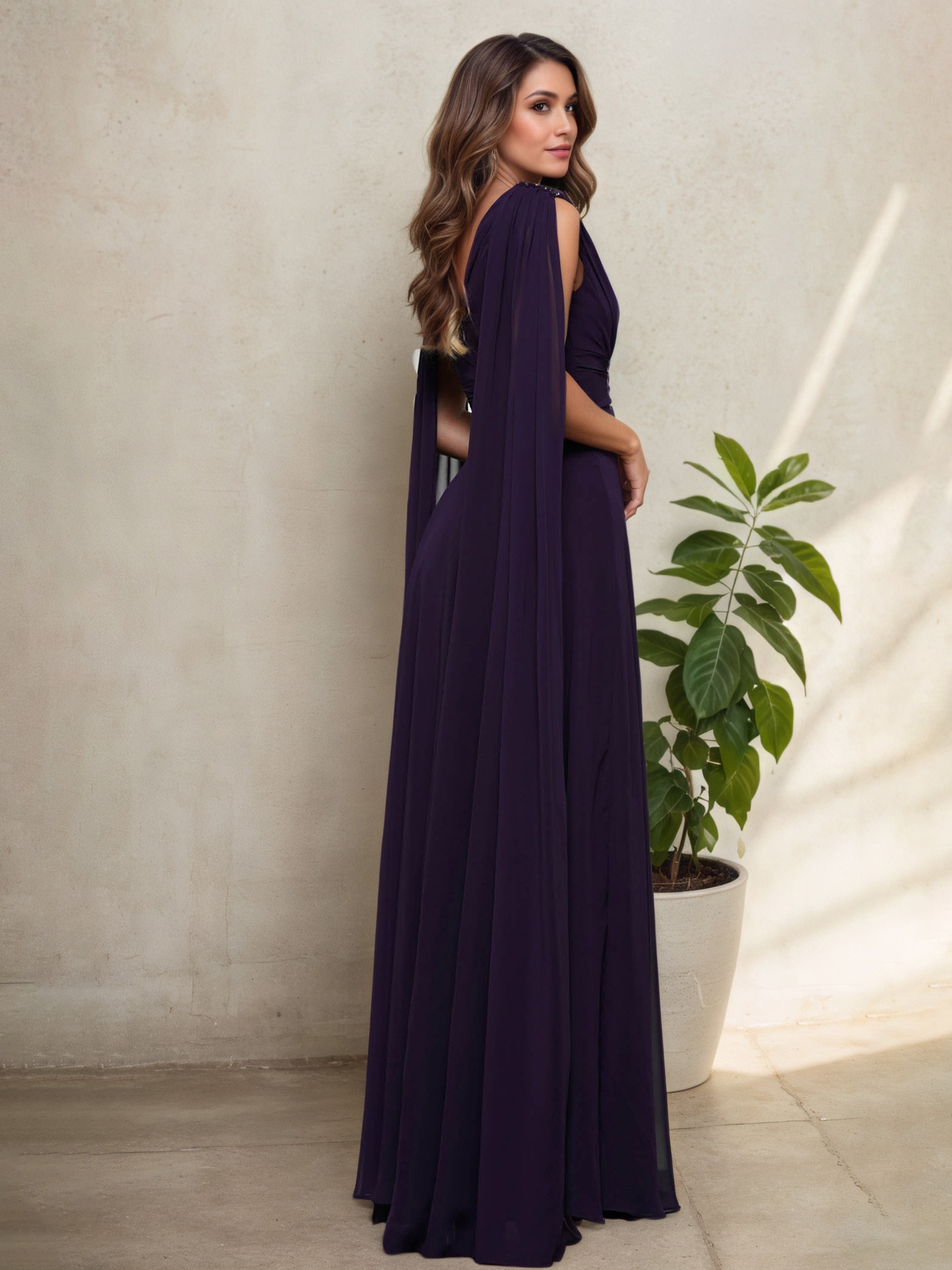 Aubergine V-Neck A-Line Mother of the Bride Dress with Pleated Design