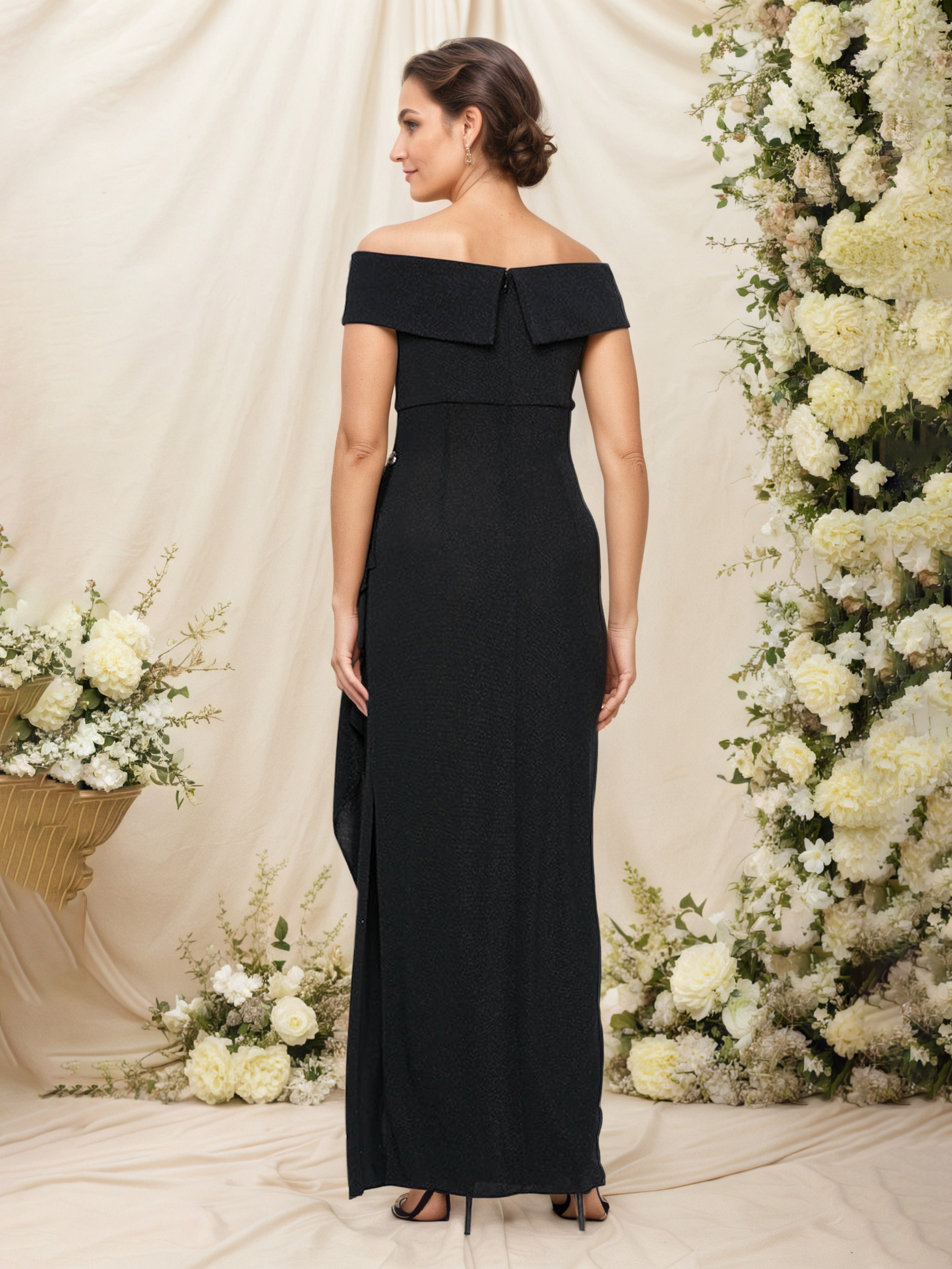 Black Off-the-Shoulder Metallic Knit Mother of the Bride Dress with Embellished Details