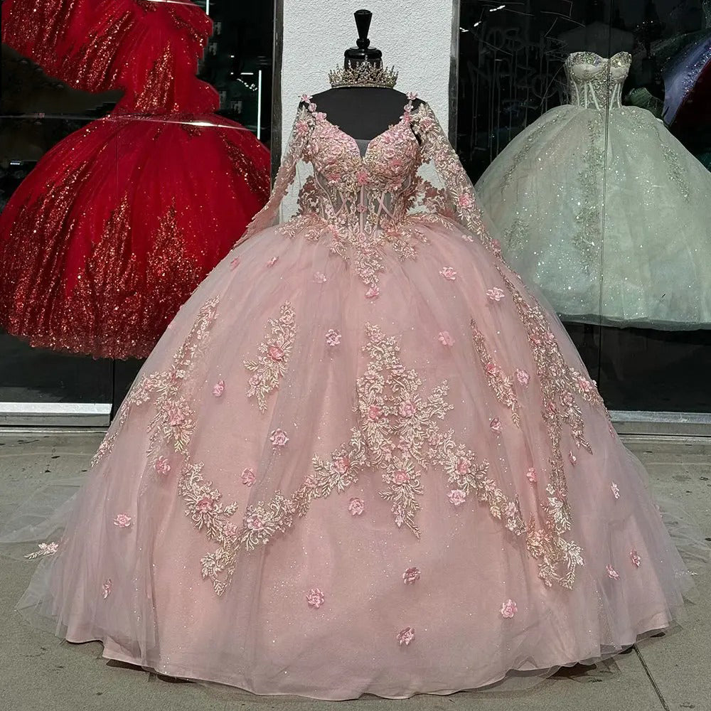 Cute & Chic Ball Gown Off Shoulder Long Sleeves 3D Flowers Lace Appliques Beaded Pink Tulle Quinceanera Dress Princess Evening Party Dress for Sweet 16
