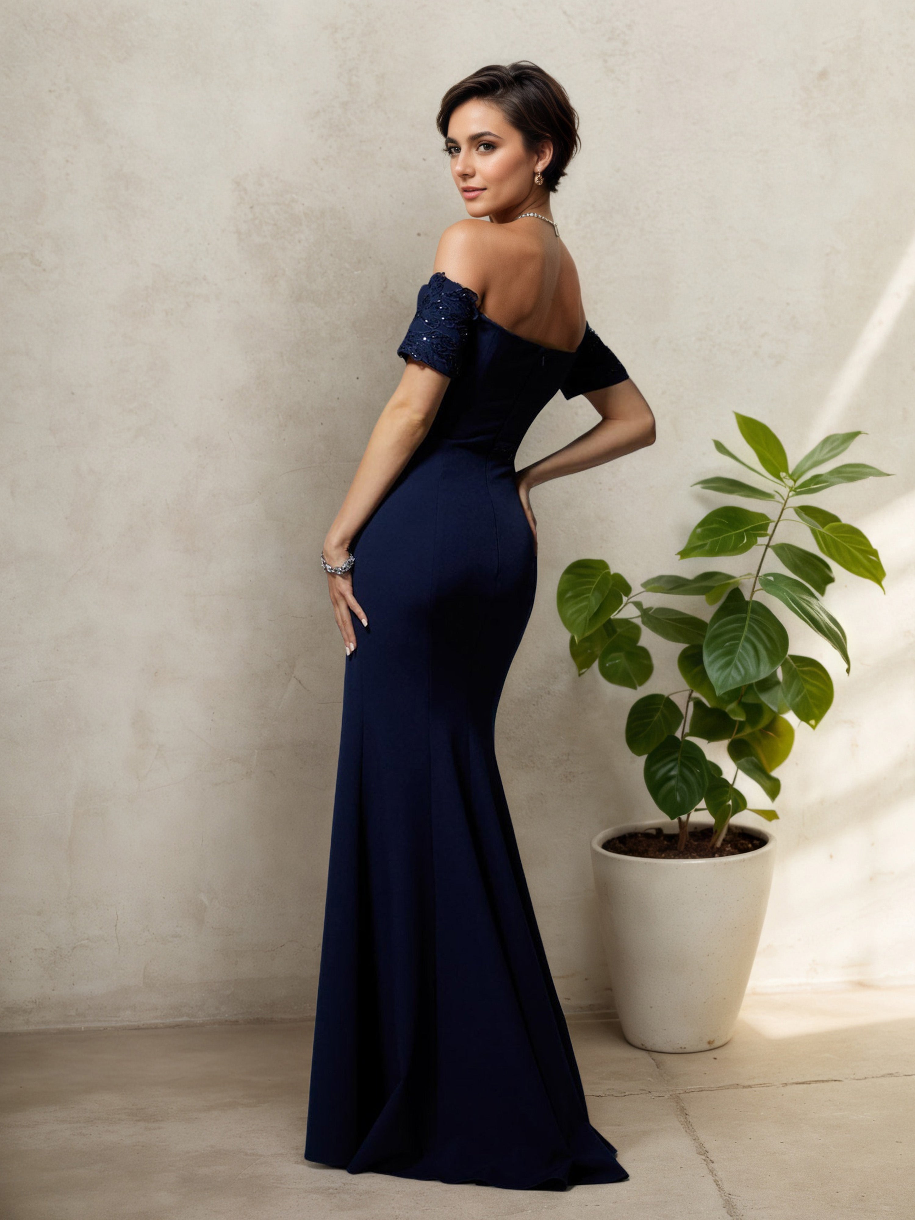 Dark Navy Off-the-Shoulder Strapless Mother of the Bride Dress with Illusion Detail