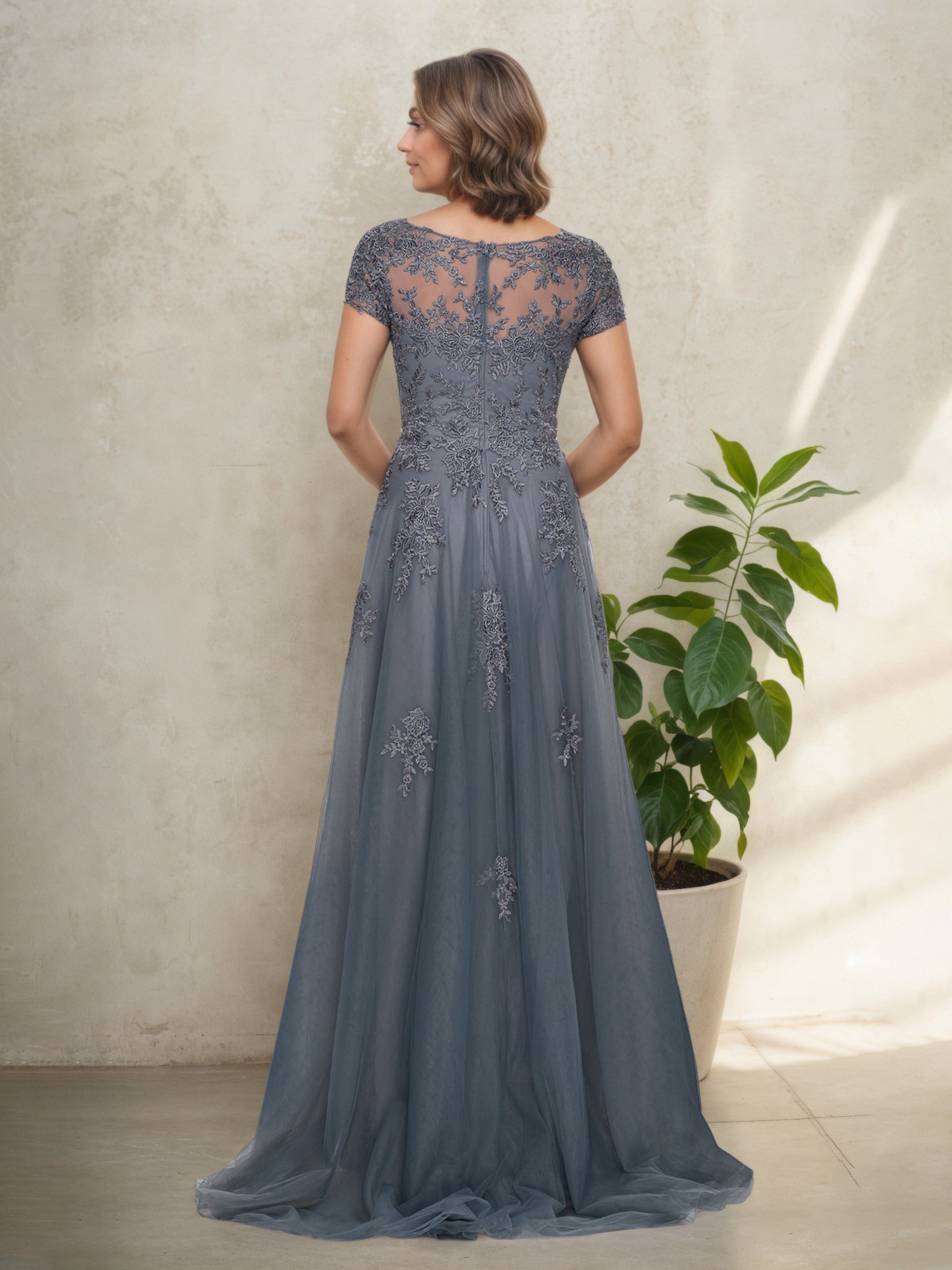 Slate Blue V-Neck Lace Mother of the Bride Dress with Short Sleeves