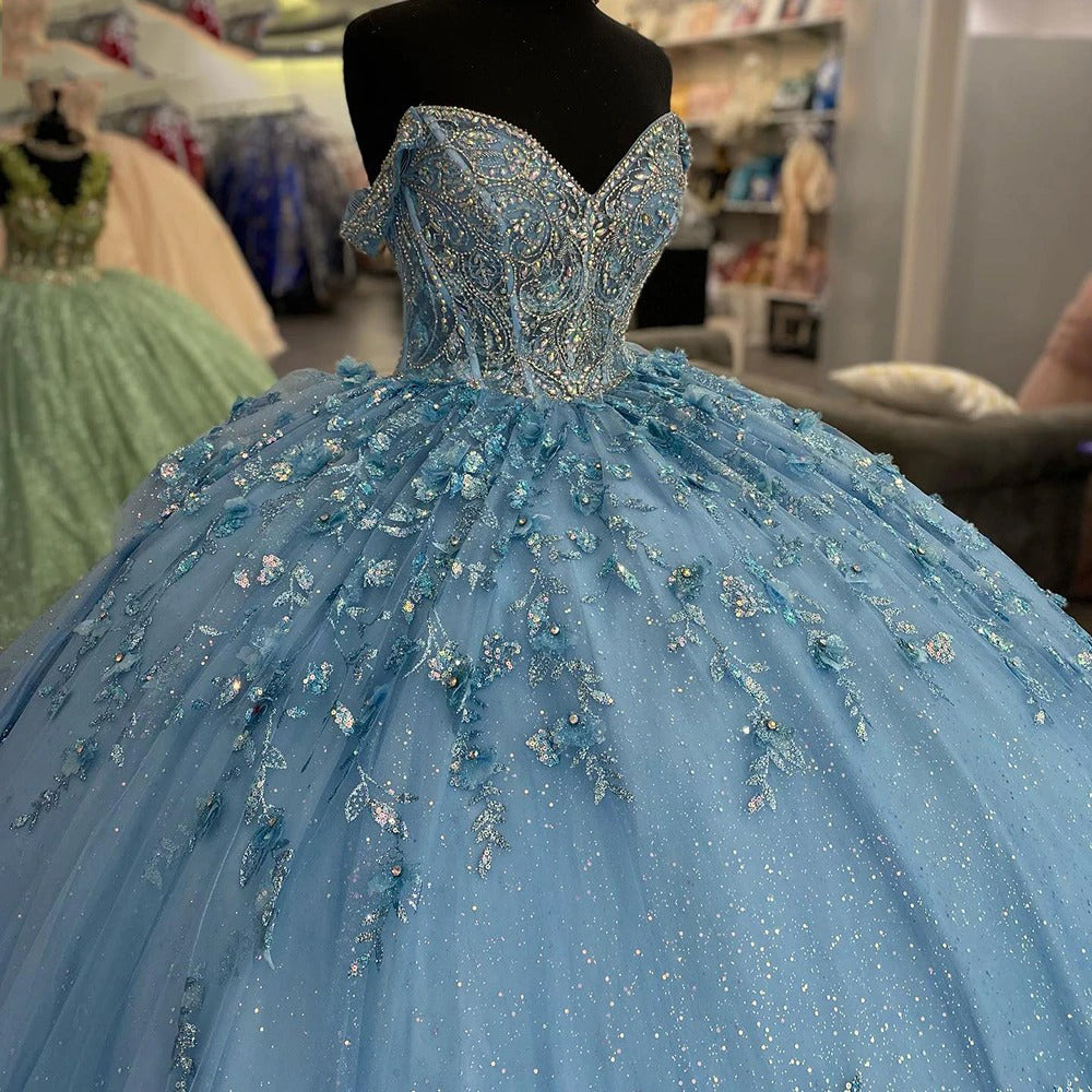 Ball Gown Off Shoulder Tiered 3D Flowers Appliques Light Blue TulleQuinceanera Dresses Princess Formal Evening Party Gown for Sweet 16