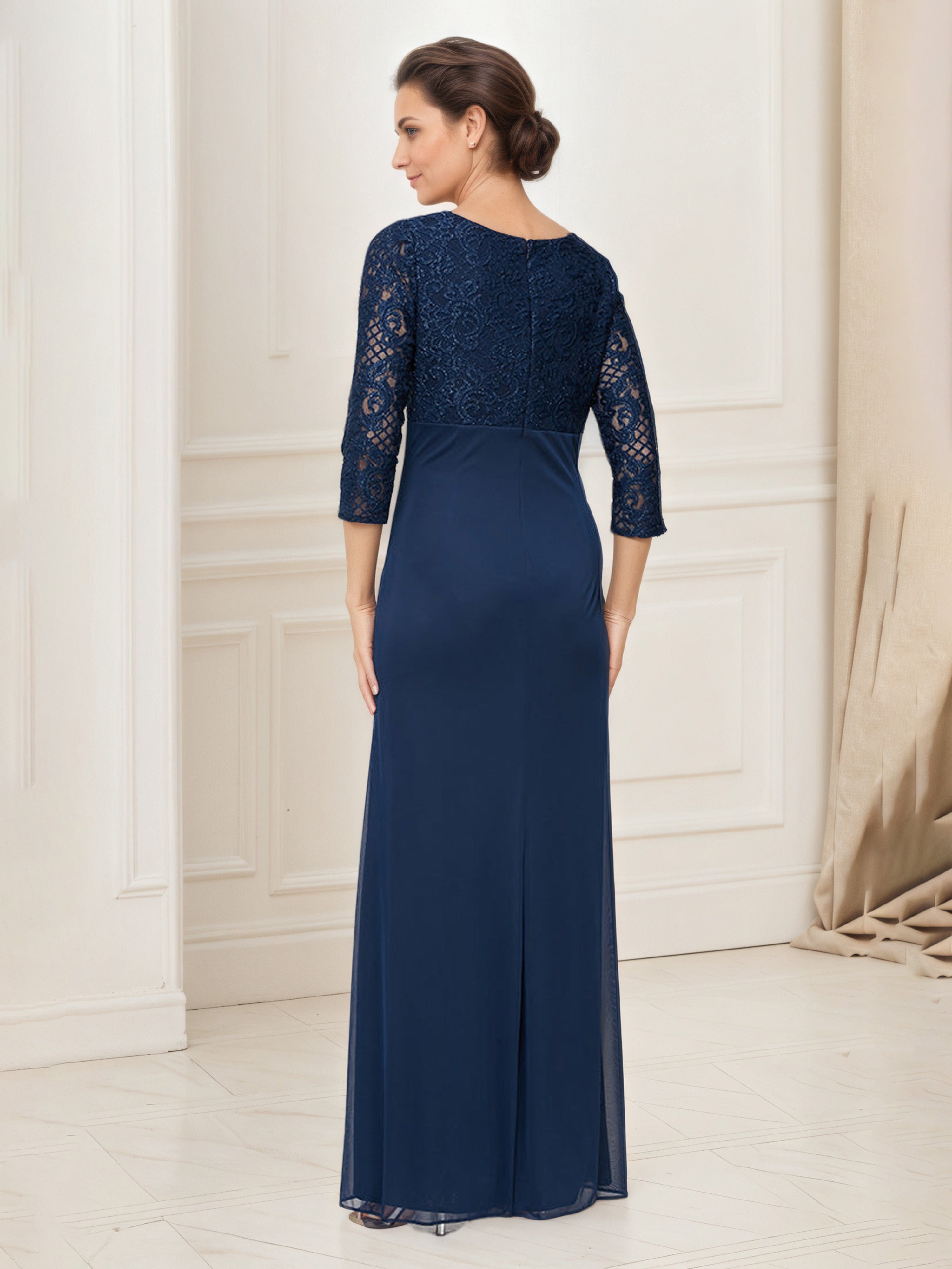 Dark Navy Empire Waist Mother of the Bride Dress with 3/4 Sleeves and Lace Top