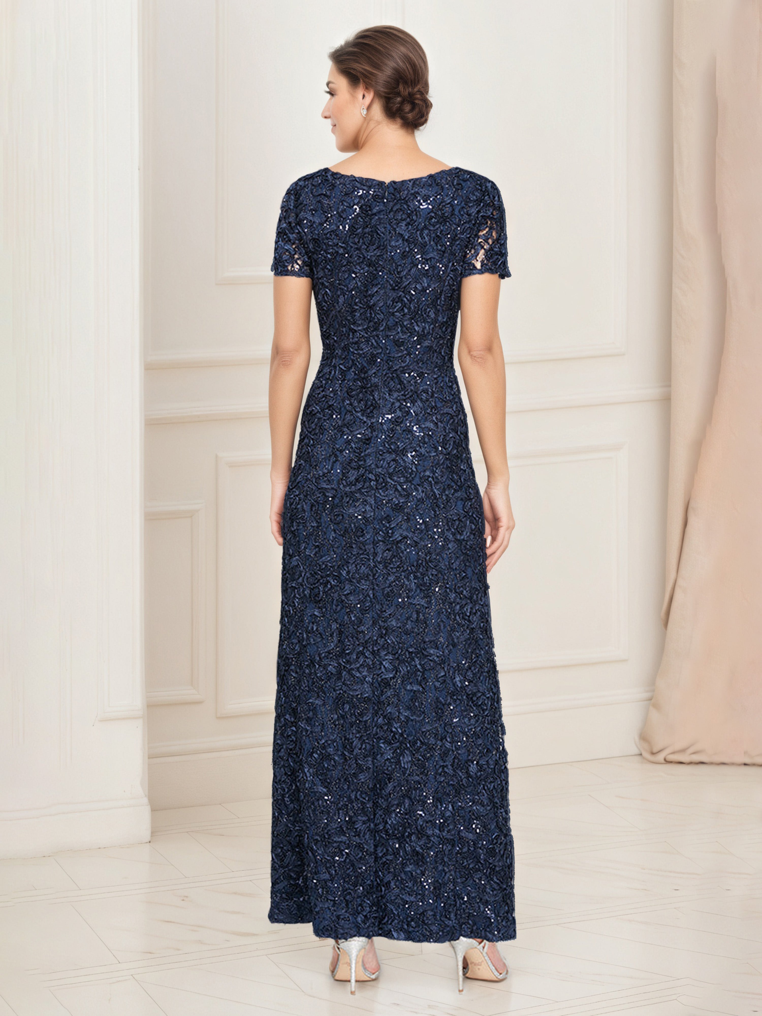 Dark Navy A-Line Lace Mother of the Bride Dress with Round Neck and Short Sleeves