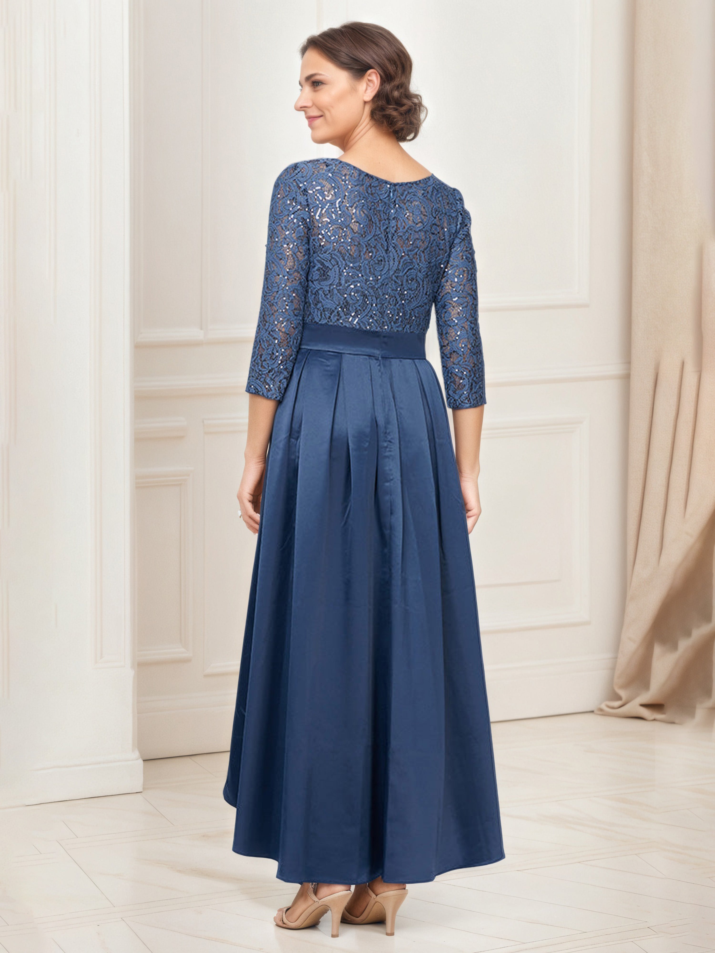 Dark Blue A-Line Satin Mother of the Bride Dress with Lace Bodice and Belt