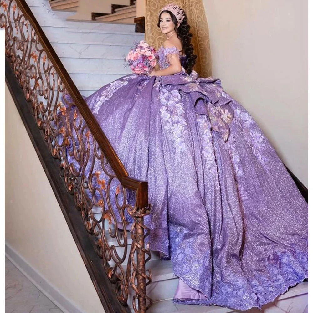 Luxury & Glitter Ball Gown Off Shoulder Beaded 3D Floral Lace Applique Tiered Ruffles Purple Sequins Quinceanera Dress Birthday Party Gown for Sweet 16