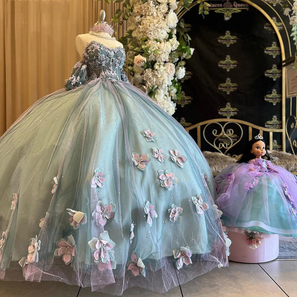 Ball Gown Off Shoulder Sweetheart Neck Quinceanera Dresses with Sleeves 3D Flowers Appliques Sparkly Beaded Tulle Lace Up Sweet 16 Dress Princess Party Gown