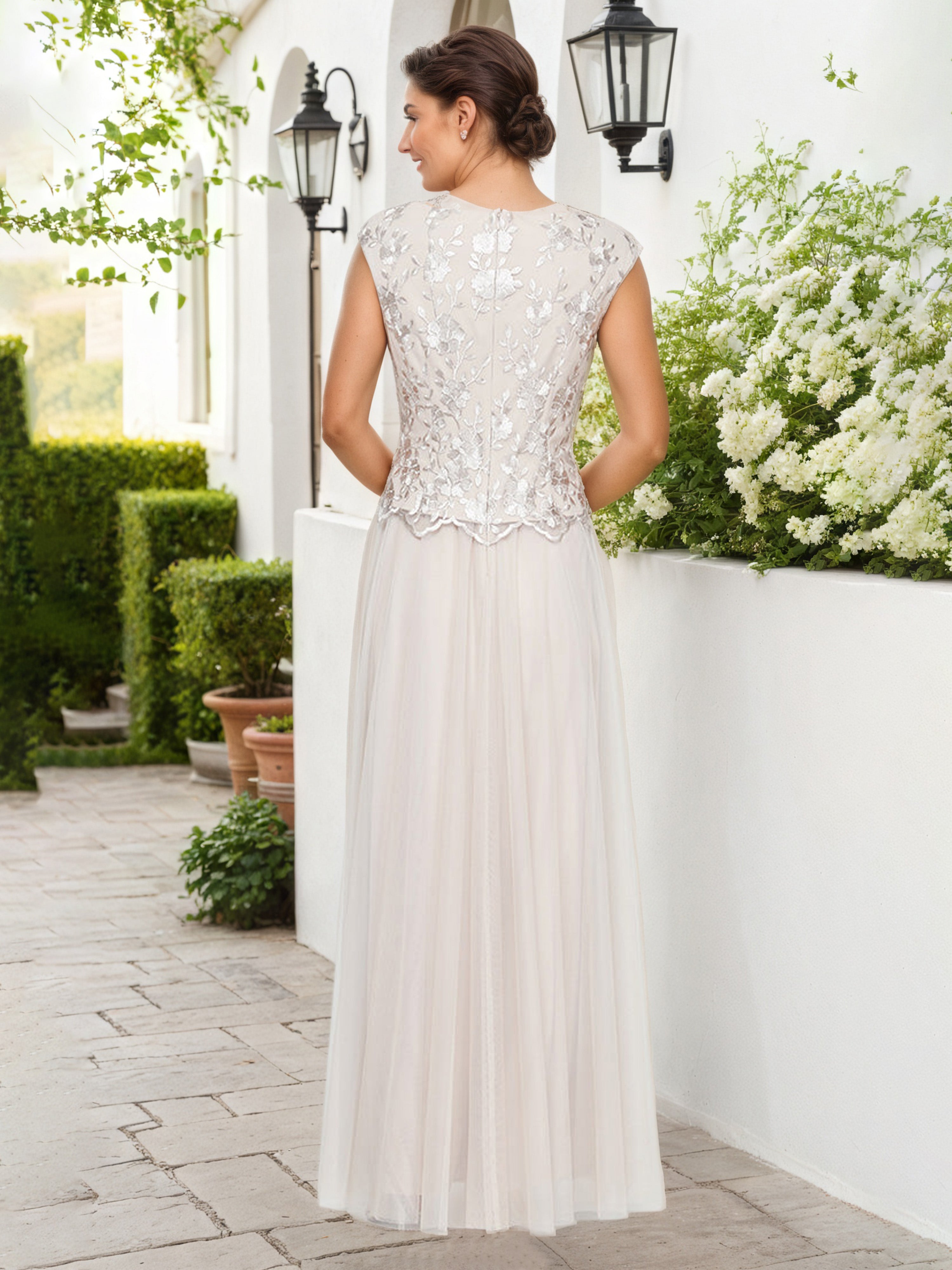 Taupe V-Neck Embroidered Lace Bodice A-Line Mother Of The Bride Dress