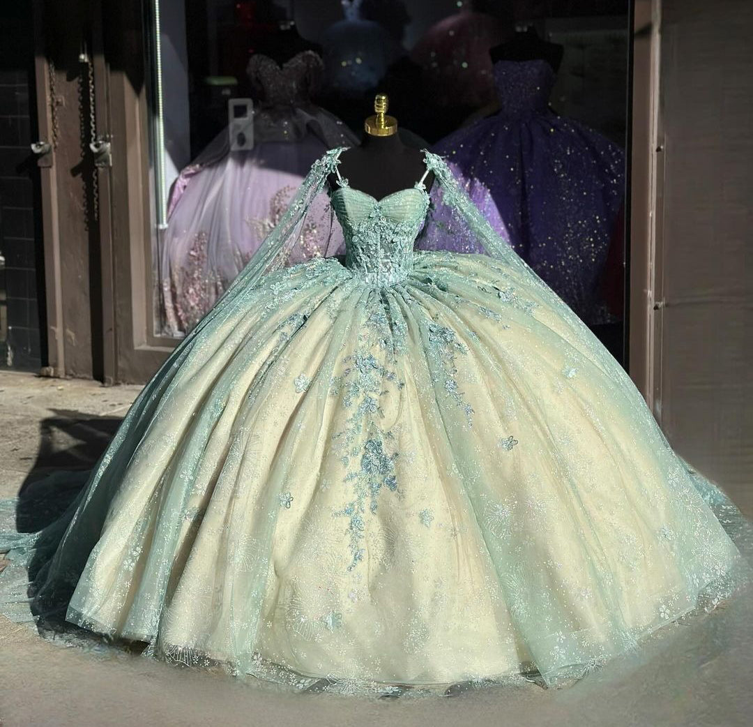 Ball Gown Spaghetti Straps Sweetheart Neck Lace Appliques Beaded Mint Green Tulle Quinceanera Dresses Birthday Prom Dresses Gown for Sweet 16