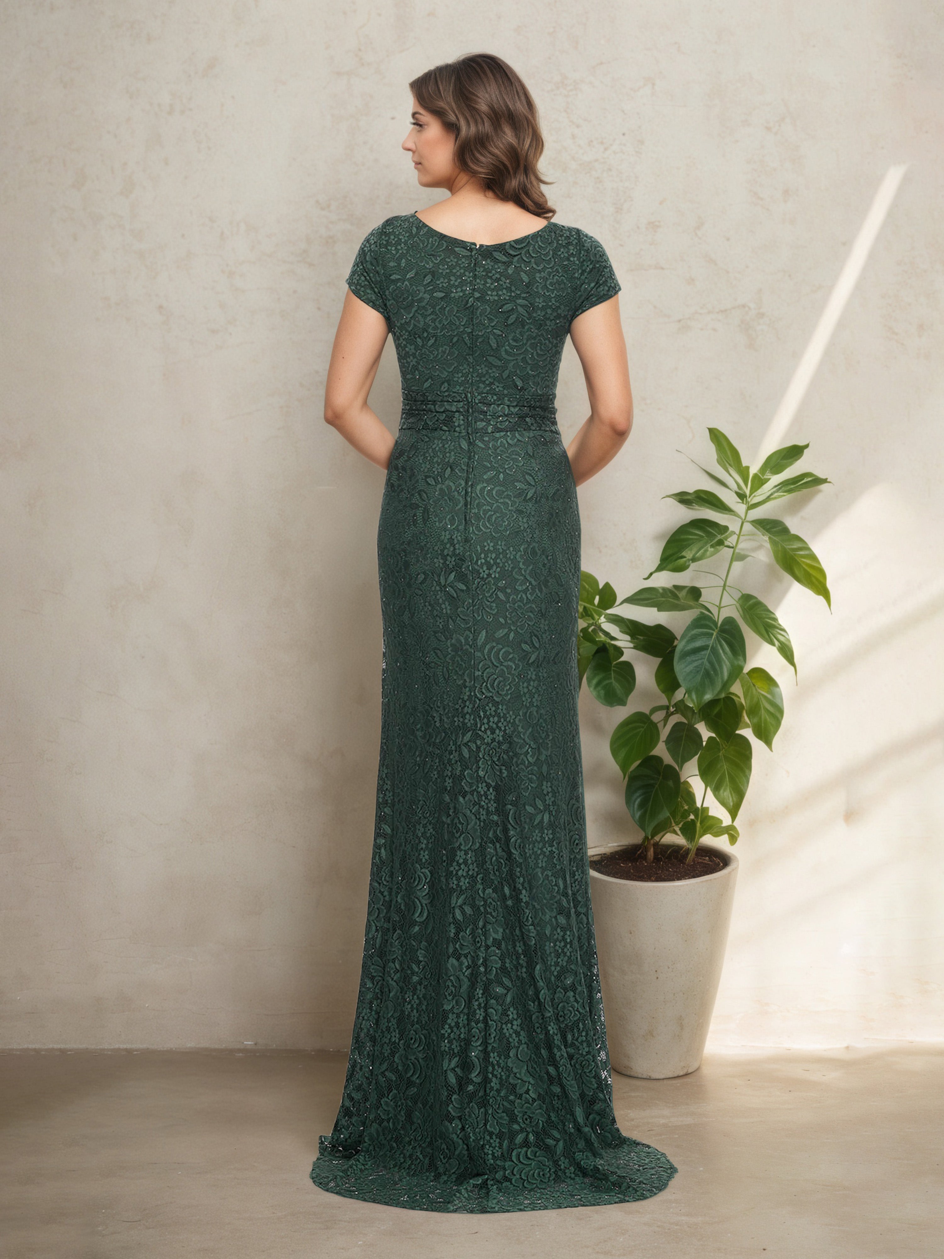 Dark Green V-Neck Lace Sheath Mother of the Bride Dress with Cap Sleeves