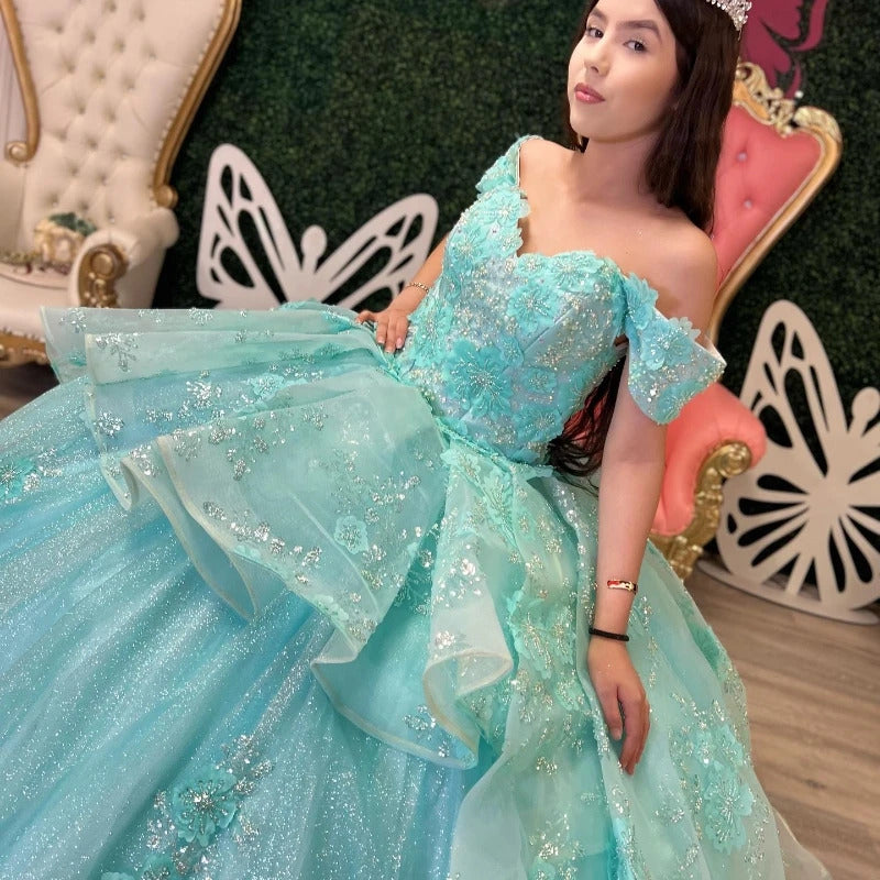Ball Gown Off Shoulder Beaded 3D Flower Appliques Ruffles Lake Blue Tulle Princess Gown Quinceanera Dress for Sweet 16 Dress