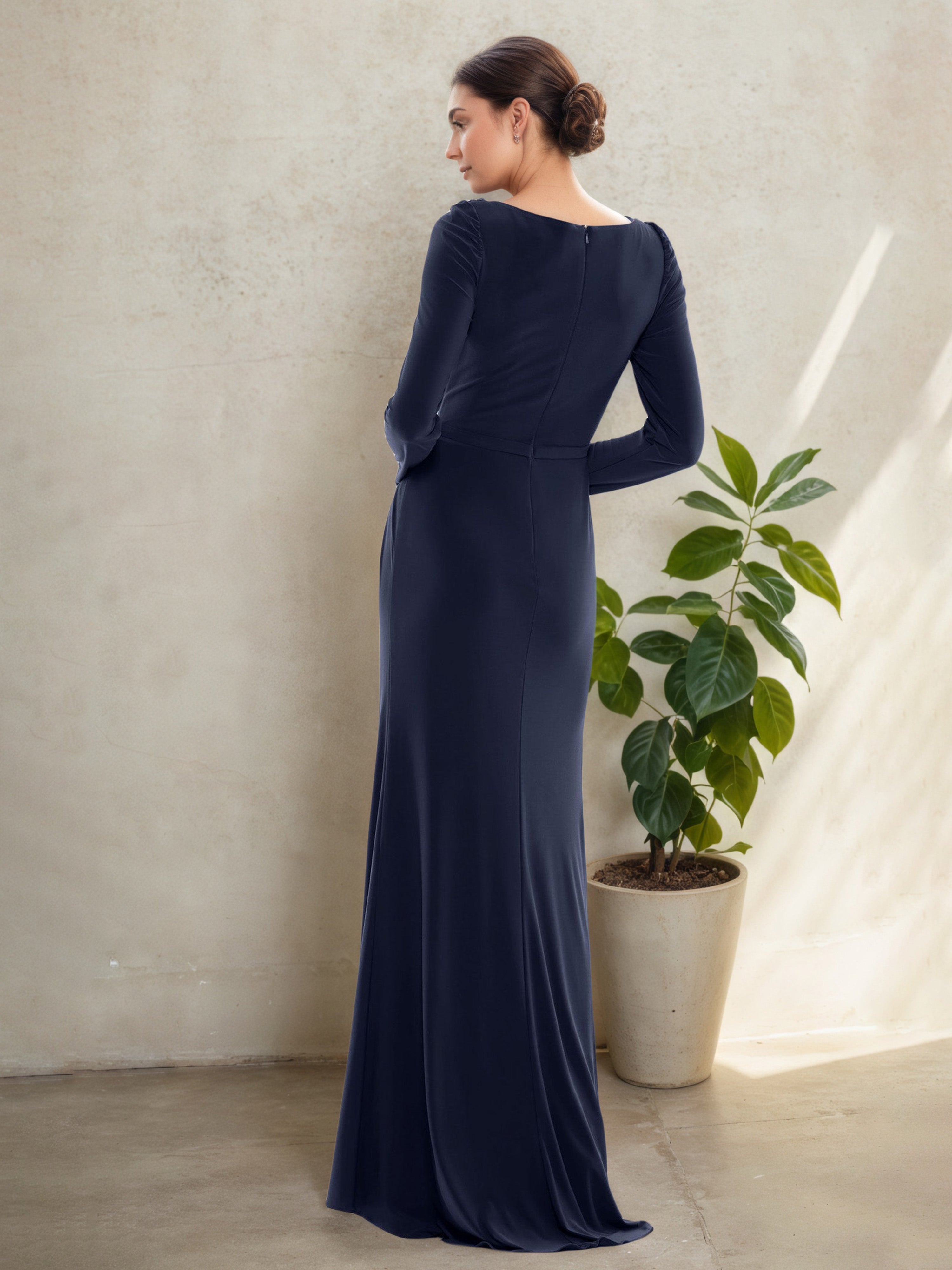 Jewel Neck Sheath Mother of the Bride Dress with Long Sleeves