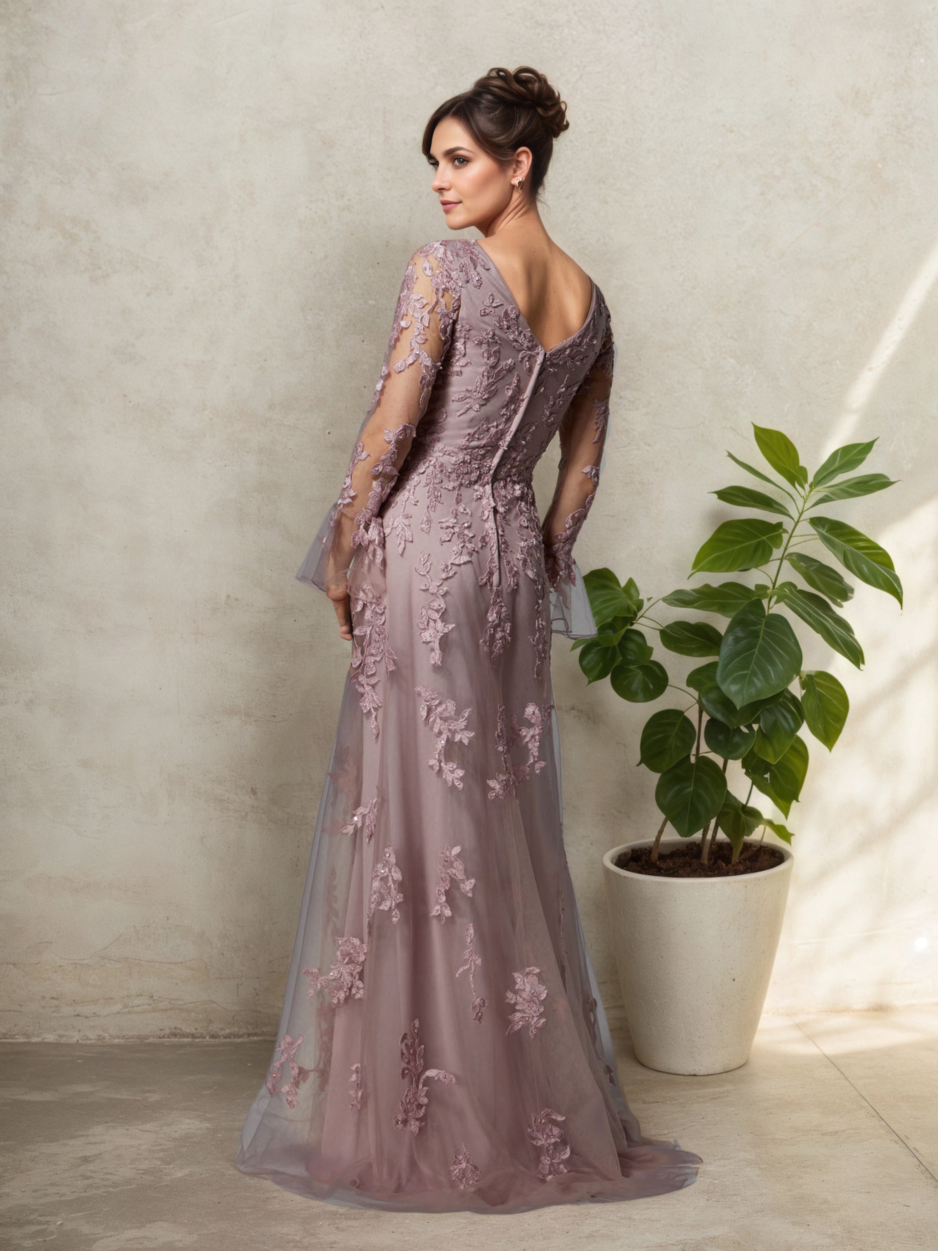 Vintage Mauve V-Neck Mother of the Bride Dress with Trumpet Sleeves