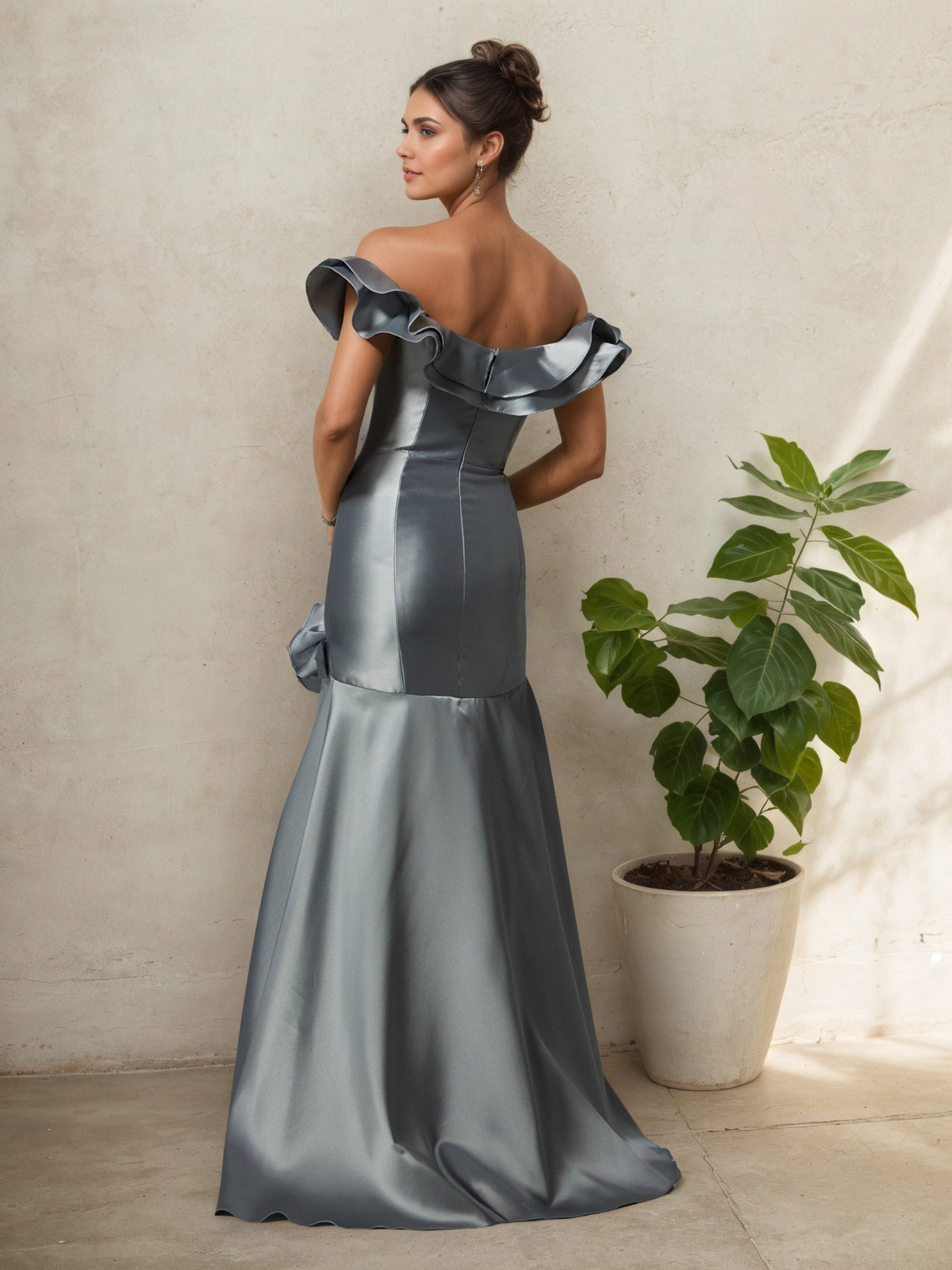 Grey Strapless Trumpet/Mermaid Mother of the Bride Dress with Ruffle Detail and Sweep Train