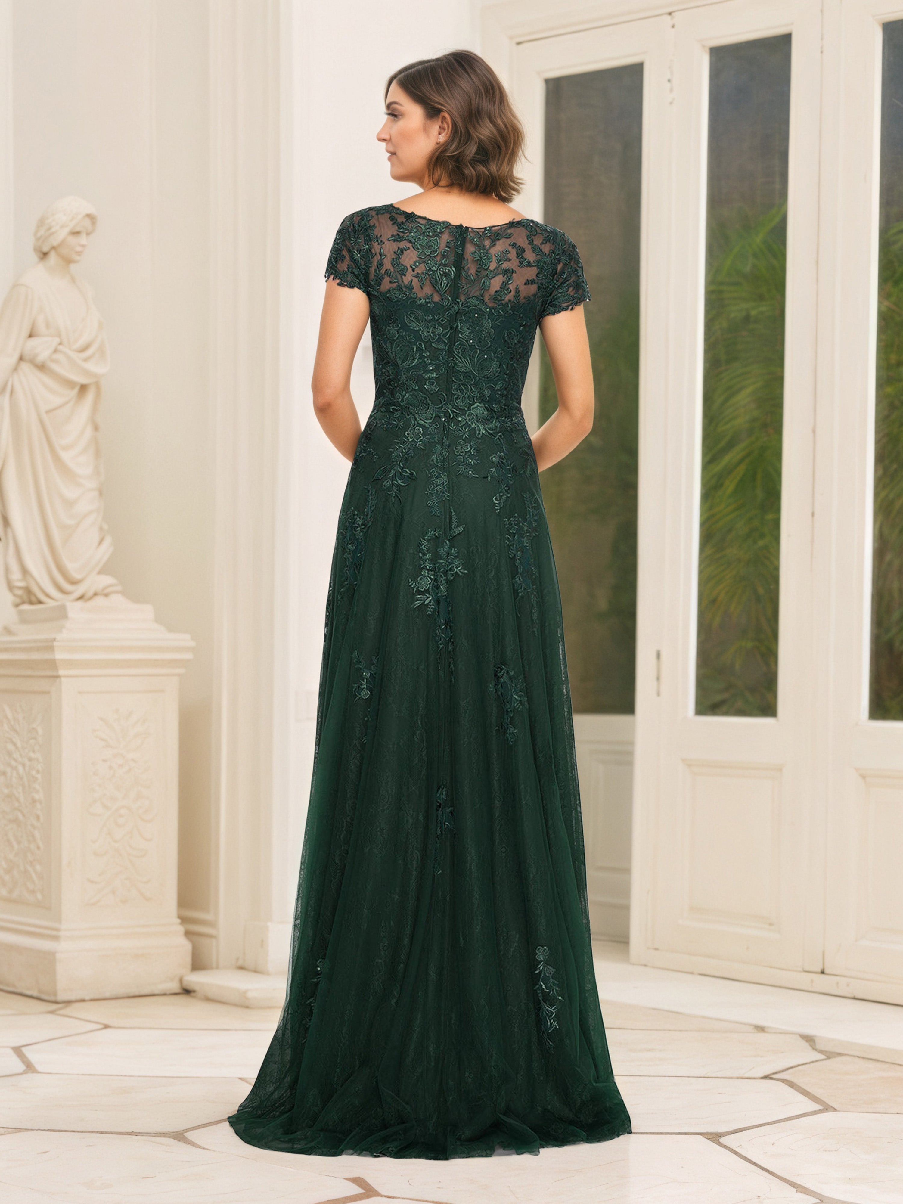 Dark Green Lace V-Neck Mother of the Bride Dress with Short Sleeves