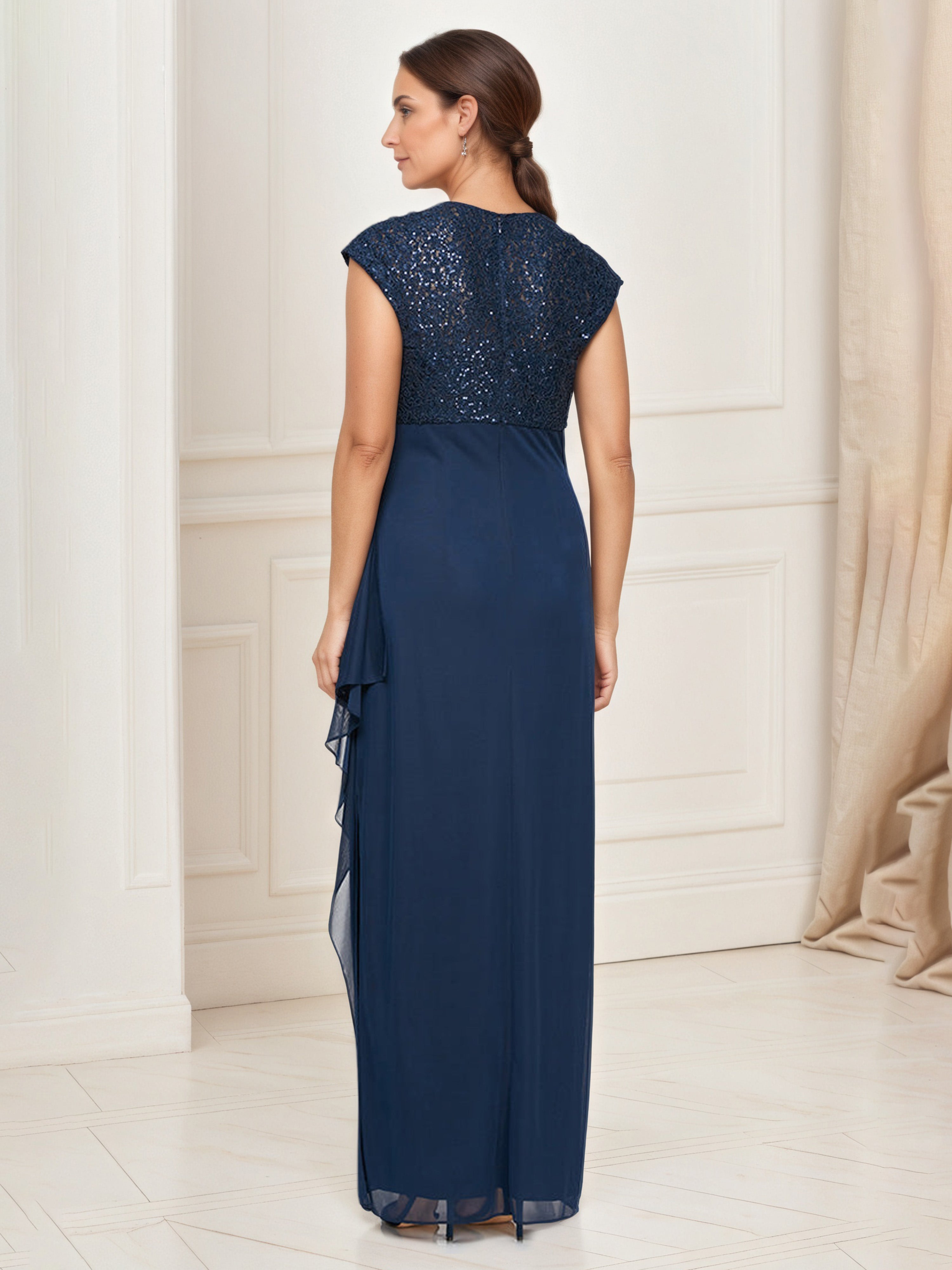Dark Navy Cap Sleeve Empire Waist Mother of the Bride Dress