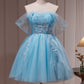 Blue Off The Shoulder Beading Appliques Tulle Short Homecoming Dresses