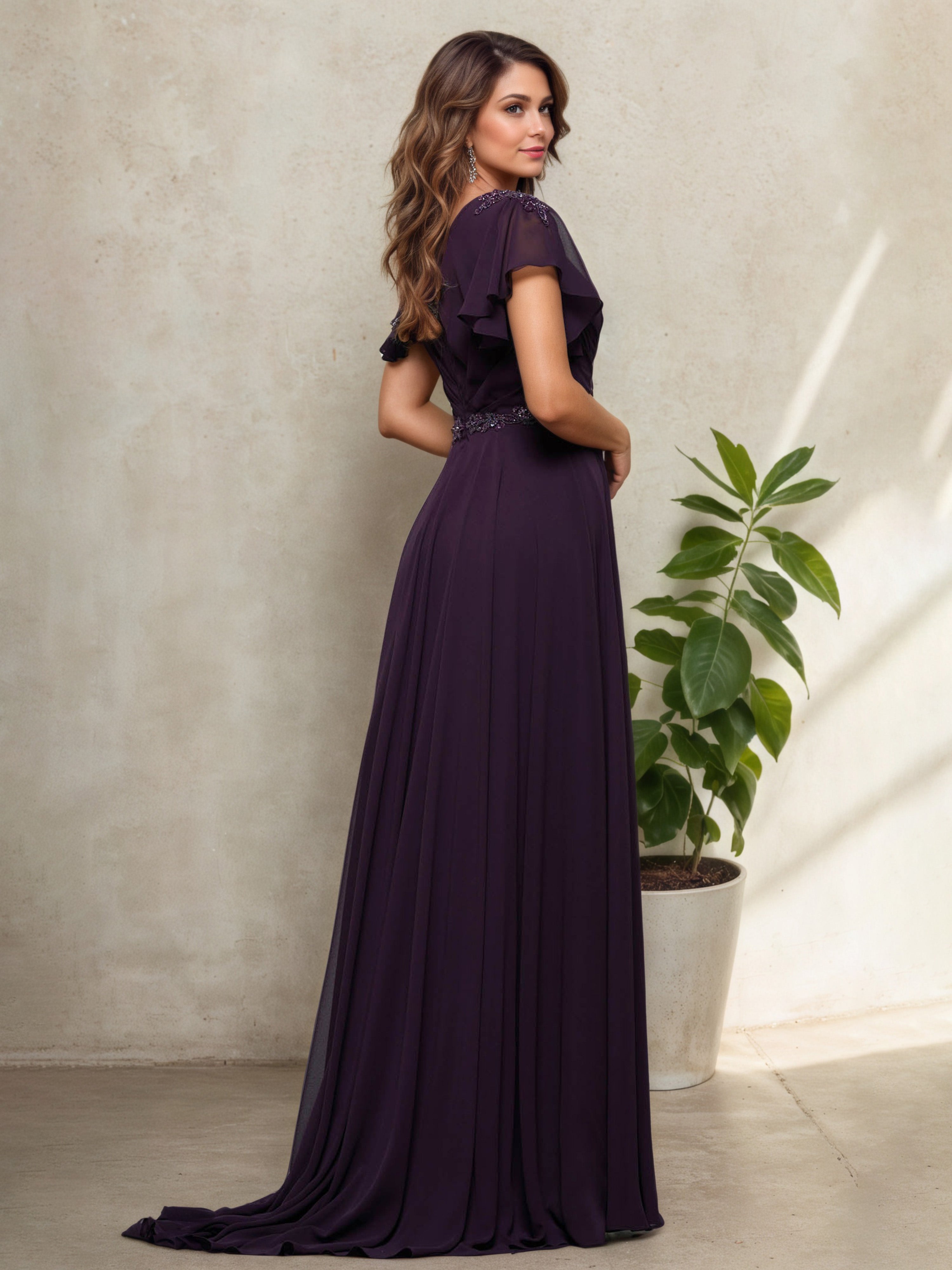 Aubergine V-Neck Mother of the Bride Dress with Short Sleeves and Beaded Details