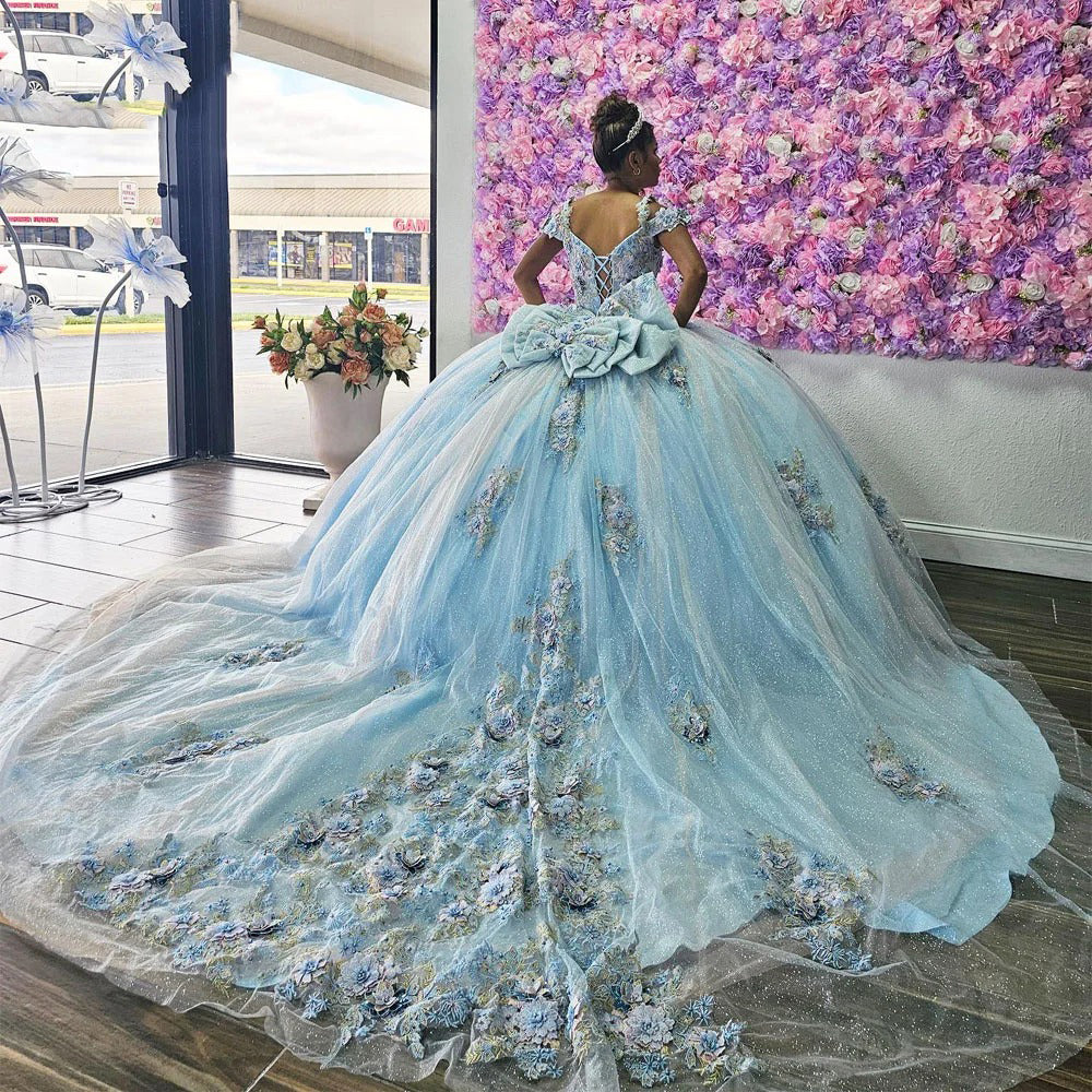 Luxury & Gorgeous Ball Gown Off Shoulder Beaded Flowers Appliques Sky Blue Tulle Quinceanera Dress Princess Birthday Party Gown for Sweet 16