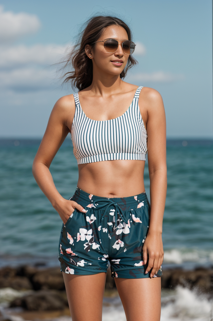 OmbreSwim - Stripes Square Neck Wide Straps Sporty Bikini Top with Boy Short Set