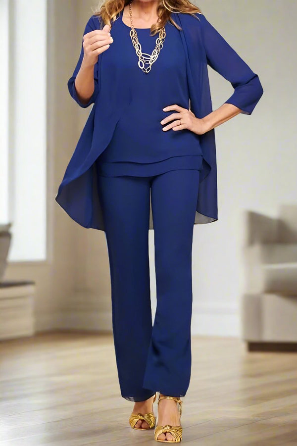 Chiffon V-Neck Half Sleeveless Mother of the Bride Pantsuits with 3D Floral