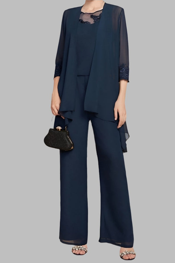 Chiffon Lace Scoop Plus Size Mother of the Bride Pantsuits with Jacket 3/4 Sleeves Ankle-Length