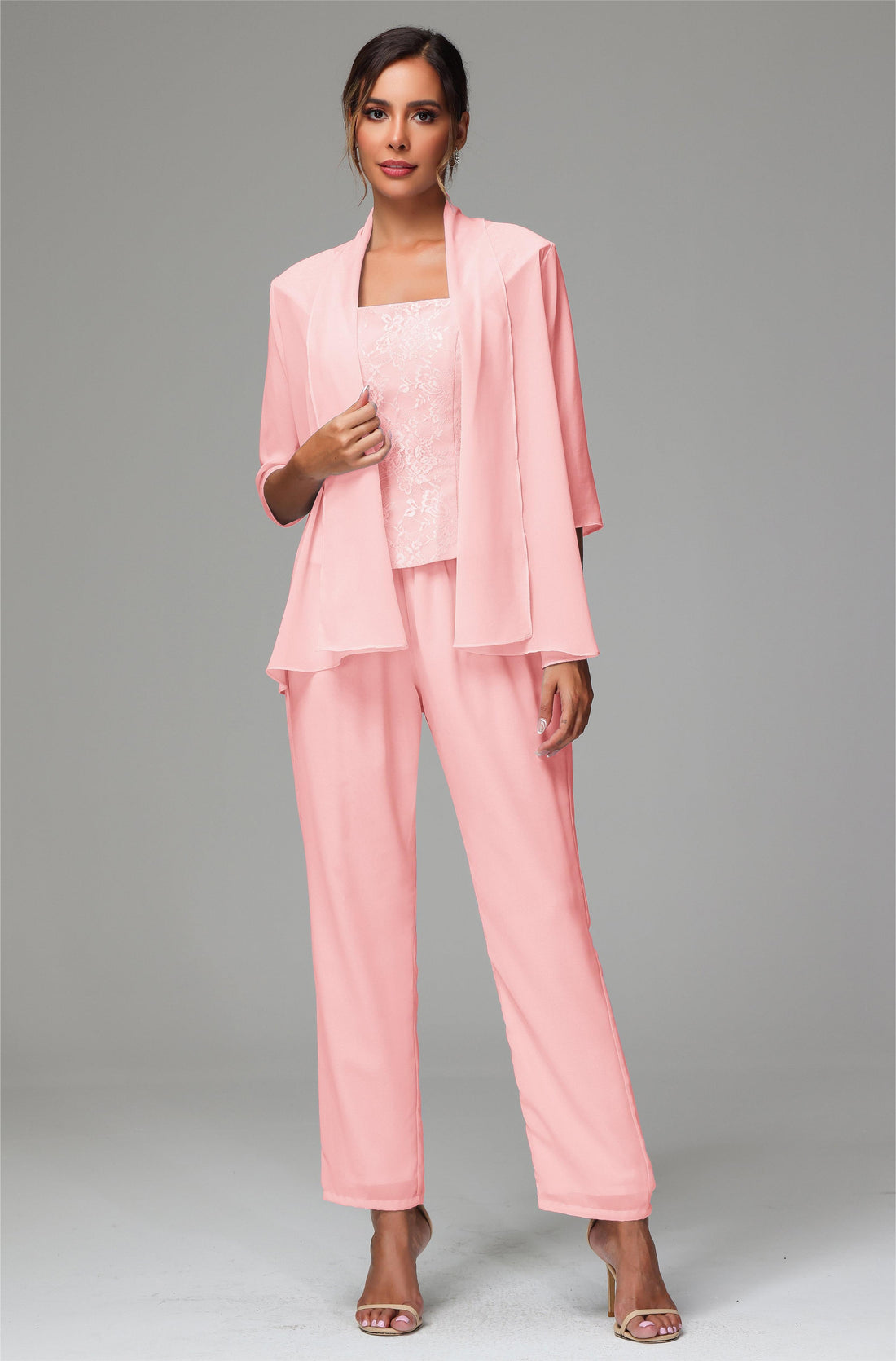 3 Pieces Chiffon Lace Long Sleeves Mother Of The Bride Dress Pants Sui