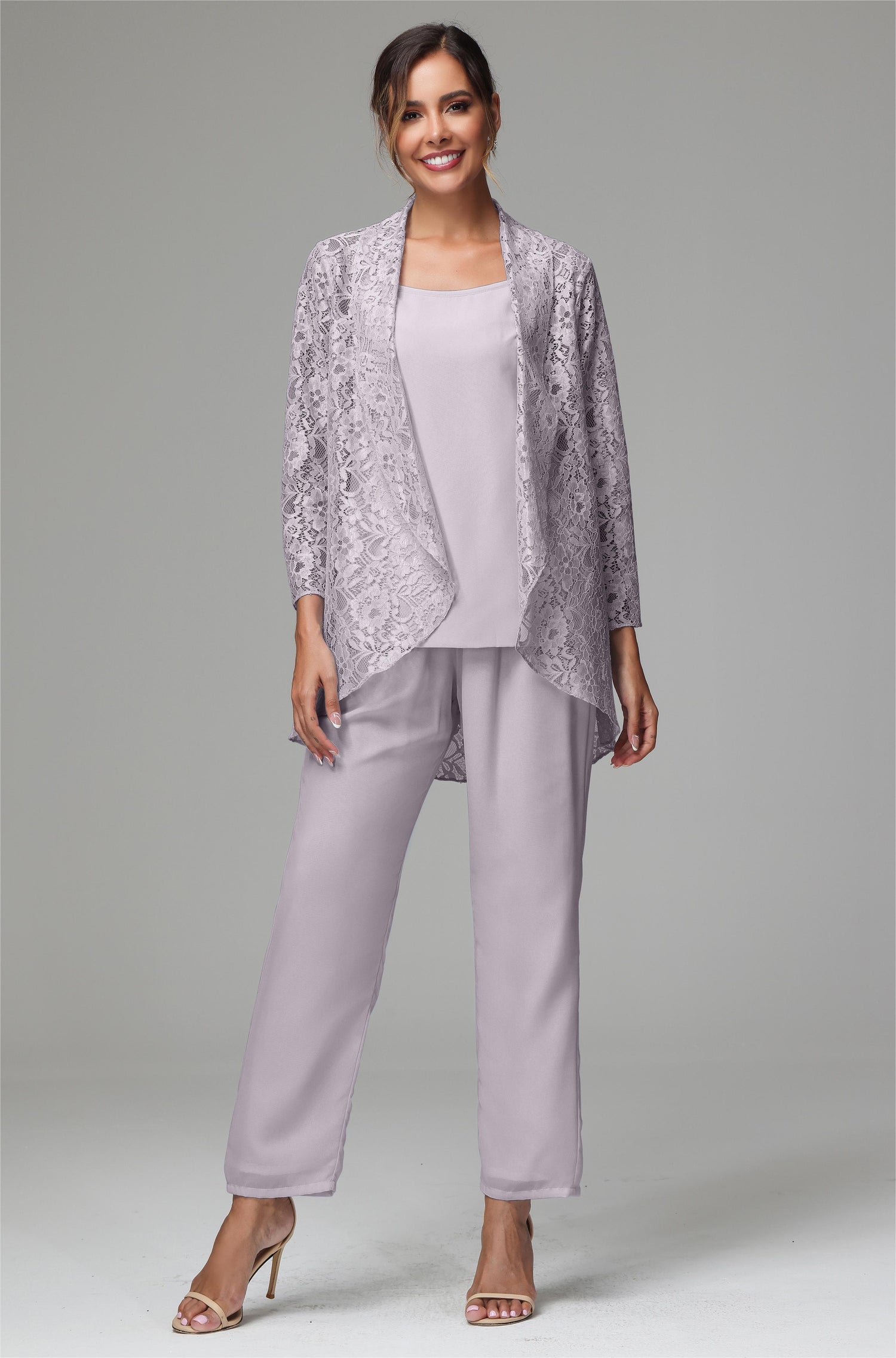 Women's Elegant Silver Chiffon Mother Of The Bride Pant Suits For...