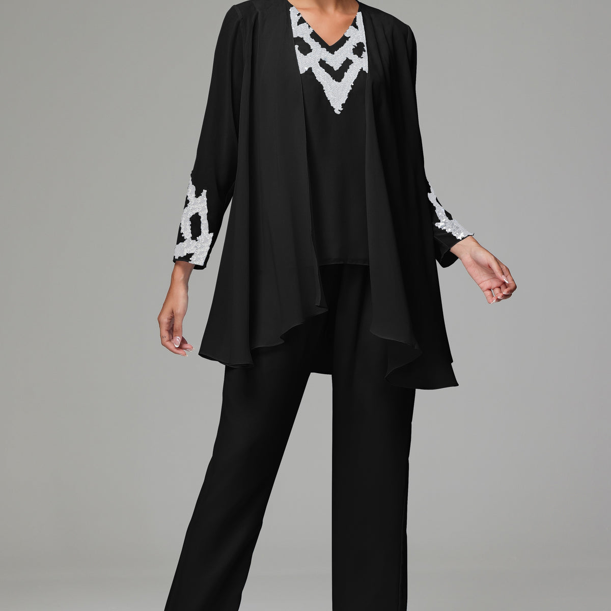 3 Pieces Long Sleeves Chiffon Lace Mother of The Bride Dress Pants Suits