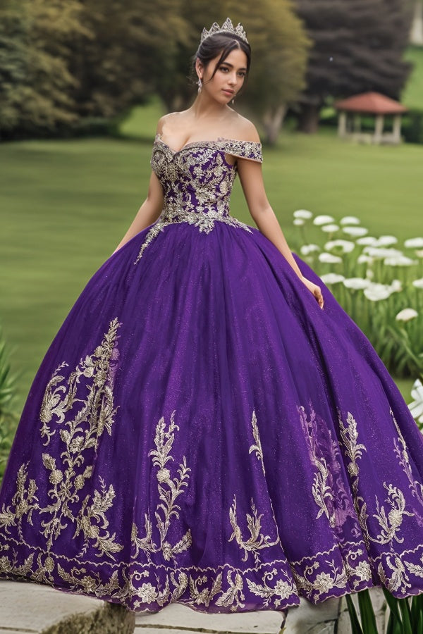 Elegant & Classic Ball Gown Off Shoulder Sleeveless Gold Flower Appliques Lace Up Dark Purple Tulle Quinceanera Dress Birthday Party Dress for Sweet 16