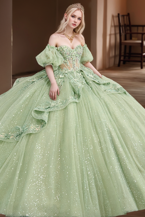 Chic & Modern Ball Gown Off Shoulder Half Lantern Sleeves 3D Flower Appliques Ruffles Tiered Green Tulle Quinceanera Dress Birthday Party Gown for Sweet Train