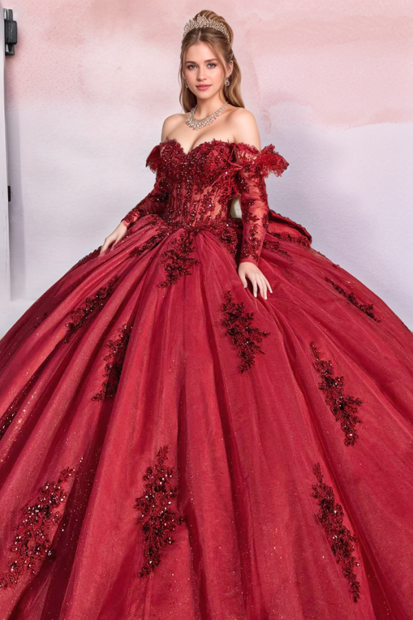 Luxury Ball Gown Off Shoulder Long Sleeves Flower Beaded Appliques Bow Knot Burgundy Tulle Quinceanera Dress Formal Party Gown for Sweet 16