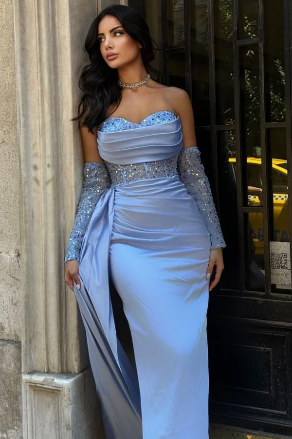 Chic & Gorgeous Sheath Strapless Detachable Sleeves Sequins Pleated High Side Slit Floor Length Prom Dresses Dress Evening Party Gown
