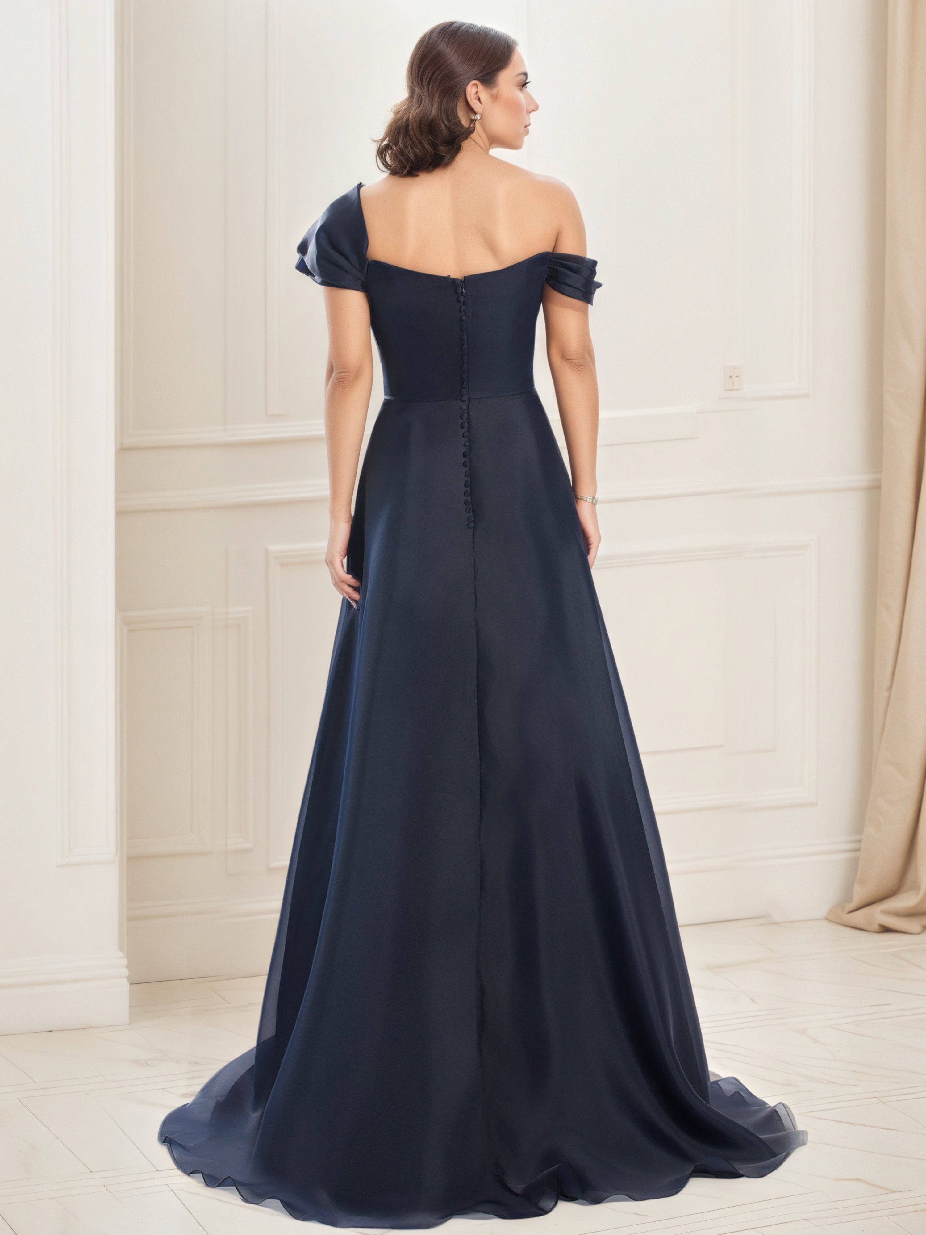 Dark Navy A-Line Mother of the Bride Dress with an Embellished One-Shoulder Pleated Bodice