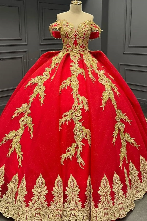 Quinceanera Dresses Off Shoulder Sleeveless Fully Gold Beaded Sequins Appliques Lace Up Sparkly Red Tulle
