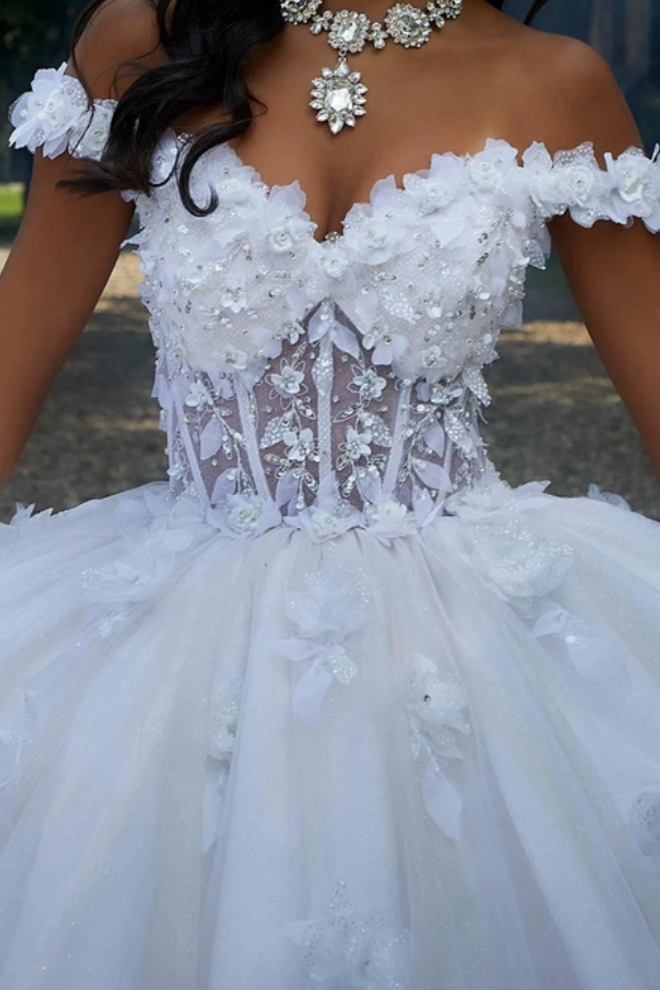 Purely Ball Gown Off Shoulder Sleeveless Beaded 3D Flower Appliques Lace Up Bow Knot White Tulle Quinceanera Dress Formal Evening Party Gown for Sweet 16