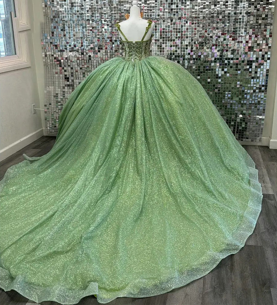 Sparkly & Glitter Ball Gown V Neck Long Sleeves Flowers Appliques Beaded Sage Tulle Green Quinceanera Dress Formal Evening Party Gown for Sweet 16
