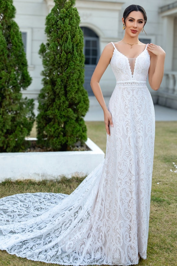 Sheath Low V Neck Spaghetti Straps Sleeveless Fully Lace Open Back Boho Wedding Gown Beach Bride Dress with Court Train