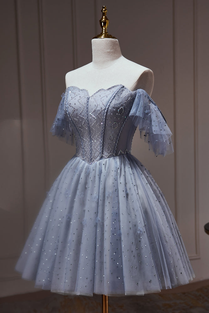 Dusty Blue Beading Off The Shoulder Tulle Short Homecoming Dresses