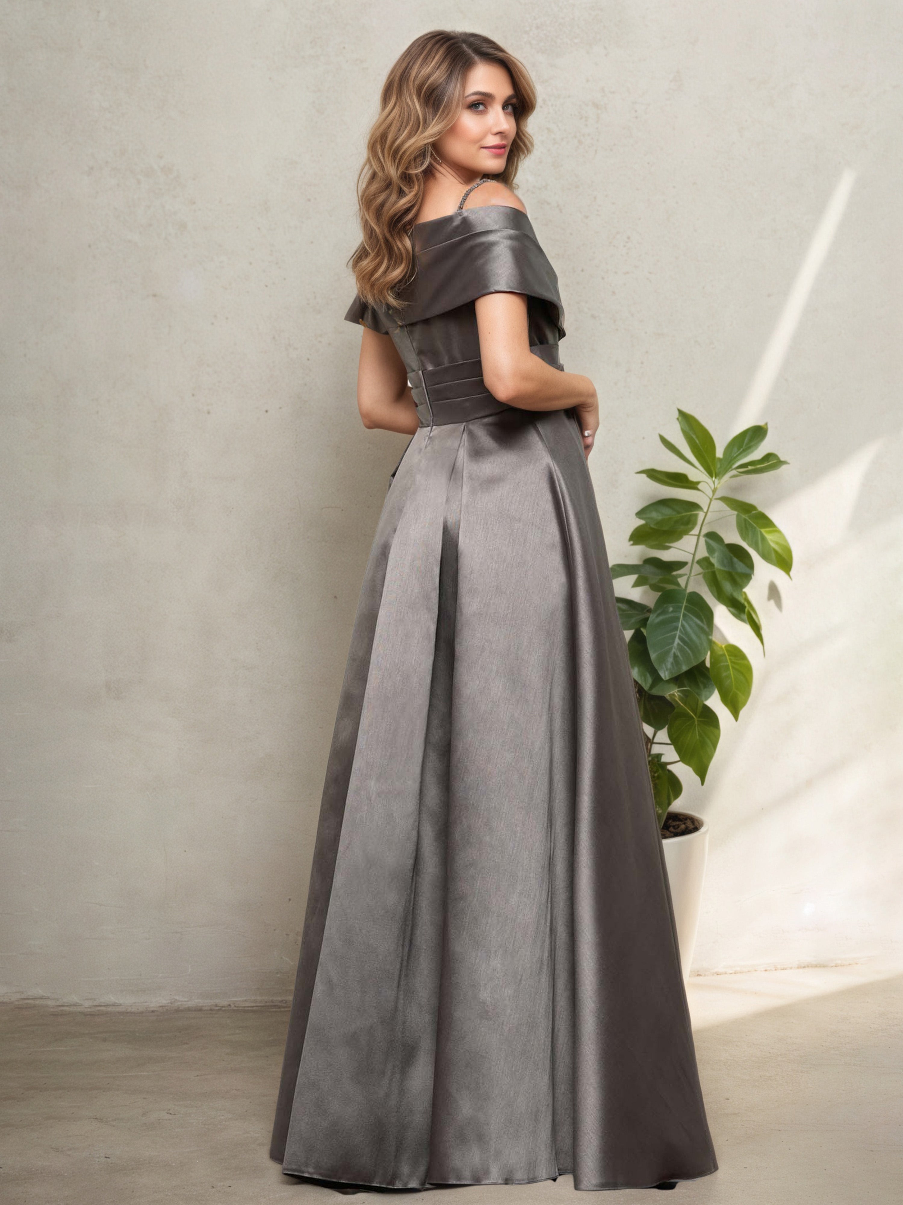 Taupe Satin A-Line Mother of the Bride Dress with Straps