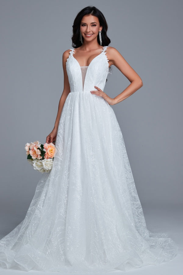 Glamorous & Glitter A-Line Low V Neck Spaghetti Straps Appliques Tulle Wedding Dress Lace Up Floor Length Bride Gown