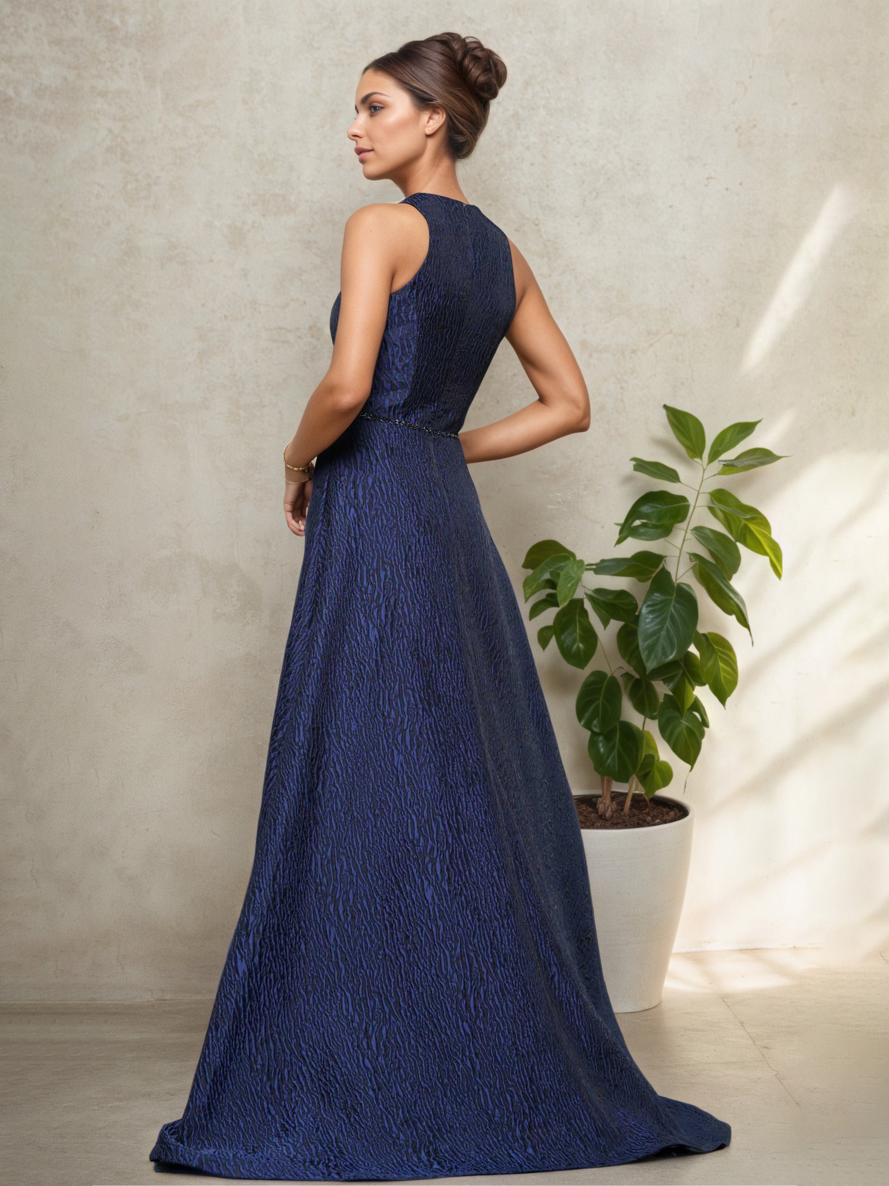 Dark Navy V-Neck Mother of the Bride Dress with Sleeves and Matching Shawl