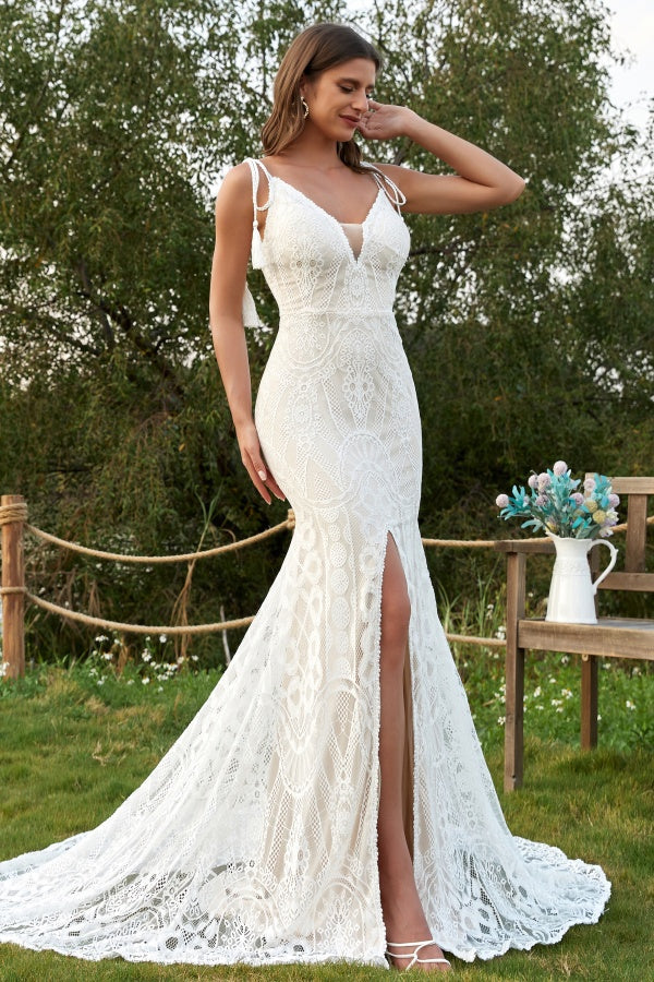Elegant Mermaid Low V Neck Spaghetti Straps Sleeveless Bohemian Wedding Dress Fully Lace Open Back High Side Slit Court Train Bridal Gown