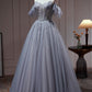 Chic Dusty Blue Beading Ball Gown Off The Shoulder A Line Tulle Long Prom Dresses