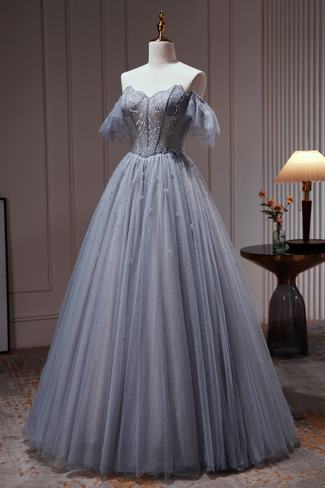 Chic Dusty Blue Beading Ball Gown Off The Shoulder A Line Tulle Long Prom Dresses