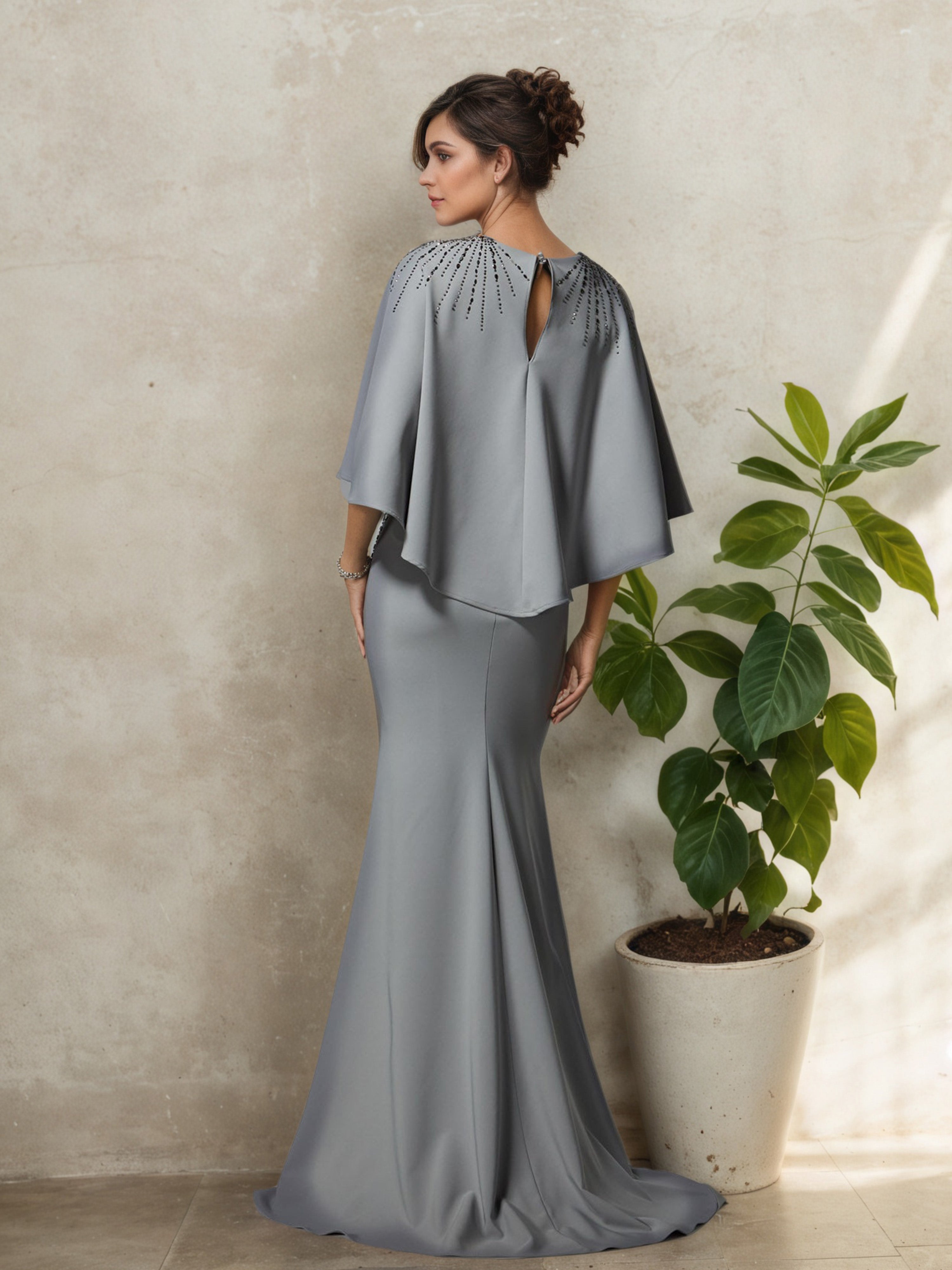 Grey V-Neck Sheath Mother of the Bride Dress with Matching Shawl