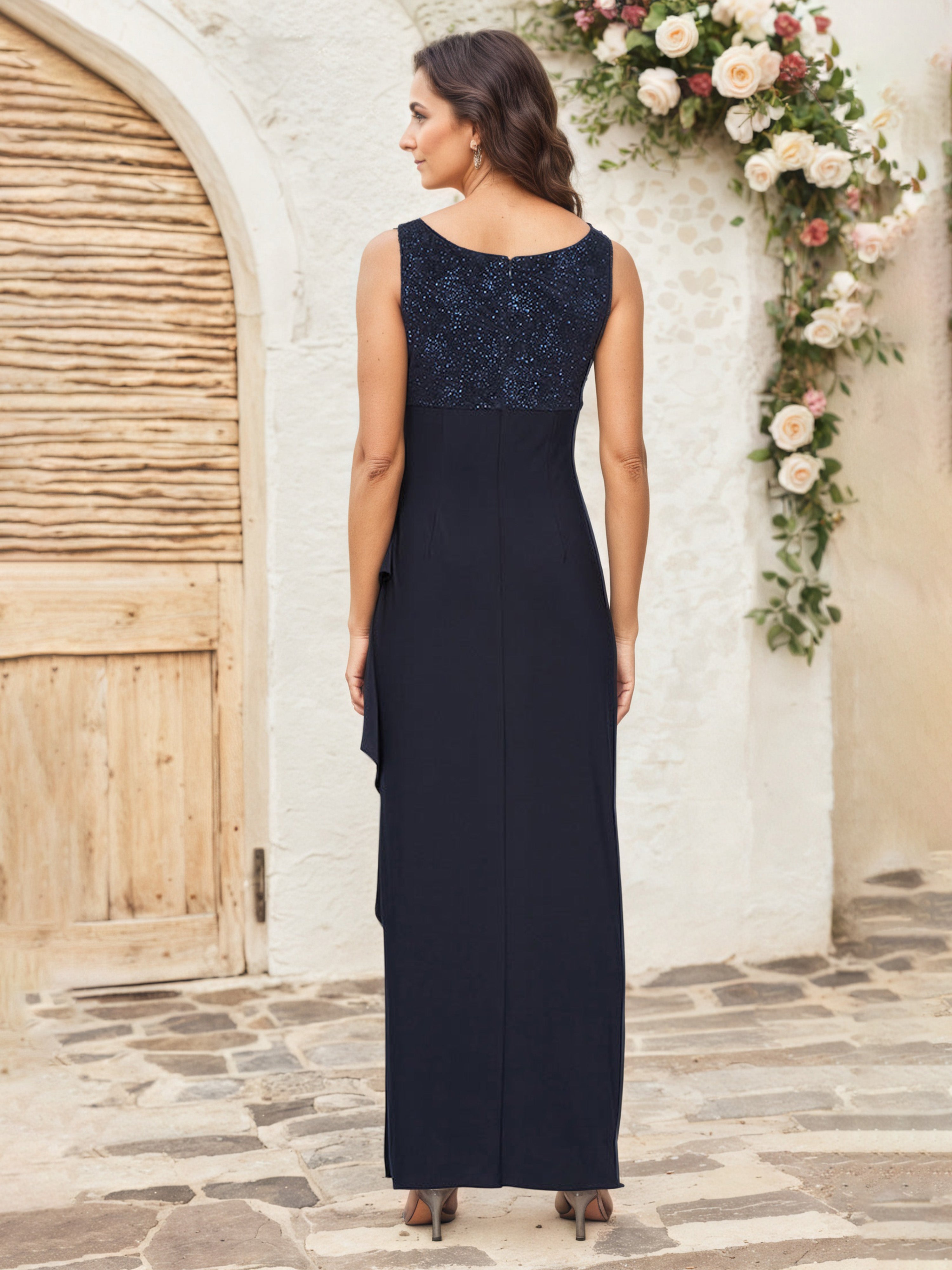Dark Navy Sleeveless Glitter Empire Waist Long Mother of the Bride Dress with Matching Jacket