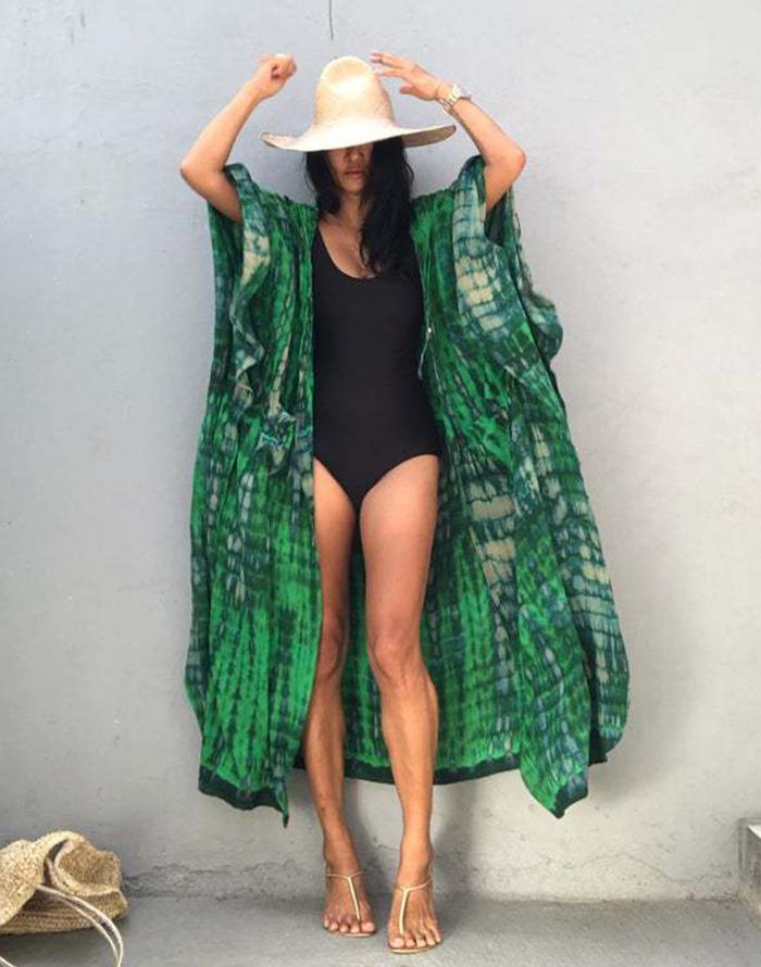 OmbreSwim - Green Hooded Printed Beach Vacation Swimsuit Cover Up