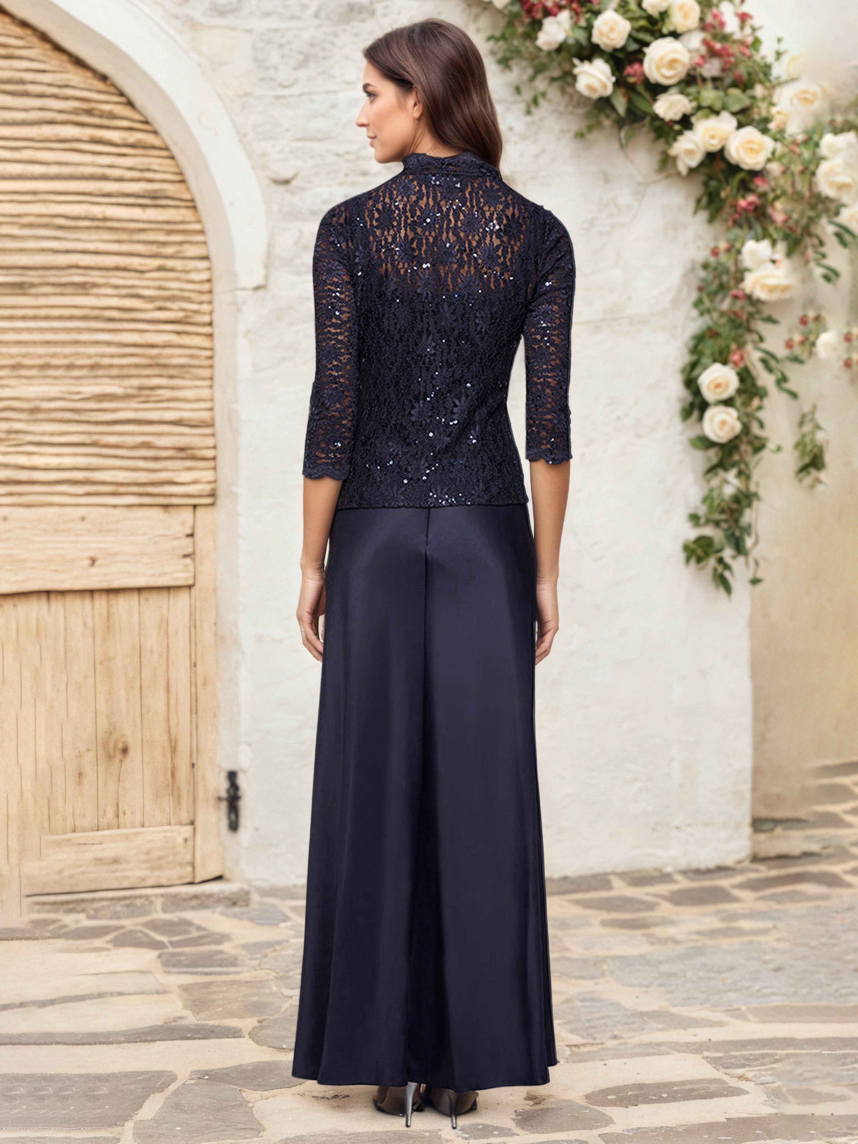 Dark Navy Mother Of The Bride Dress A Line Lace Bodice Satin Dress with 3/4 Sleeve Lace Jacket