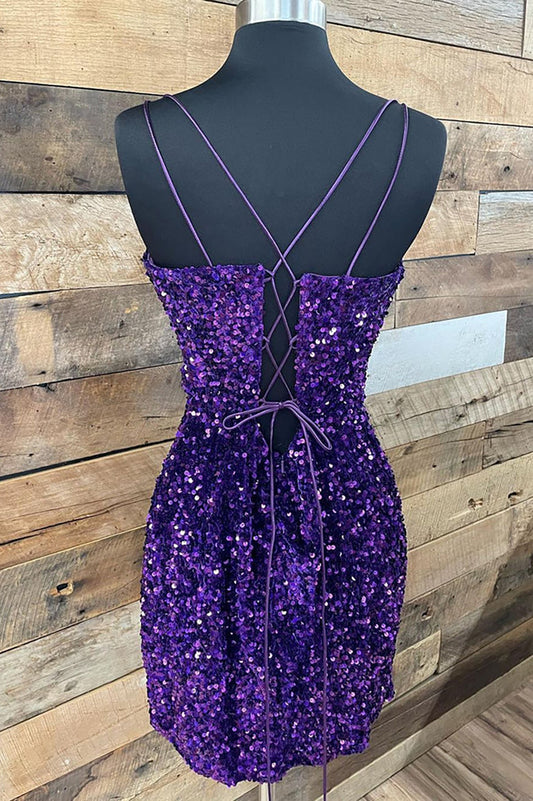 Sparkly Purple V Neck Spaghetti Straps Sequins Short Homecoming Dresses